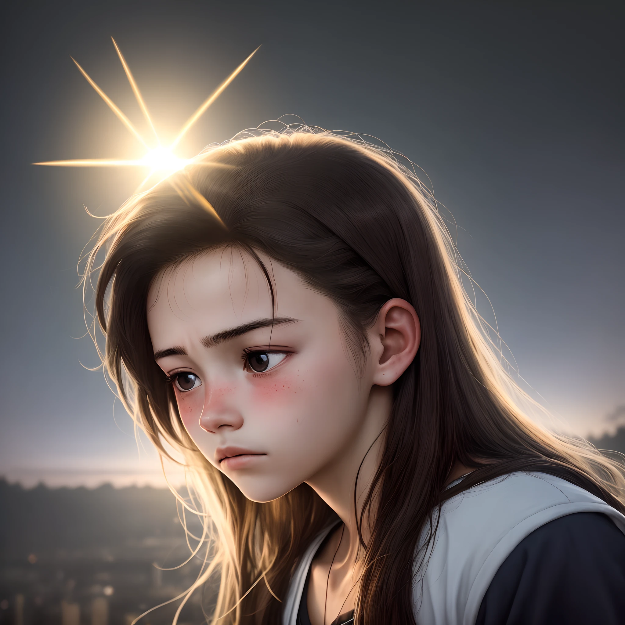 The side face of a teenager,Hit in the forehead by a bullet,in the darkness nigth,Illuminated by a little light