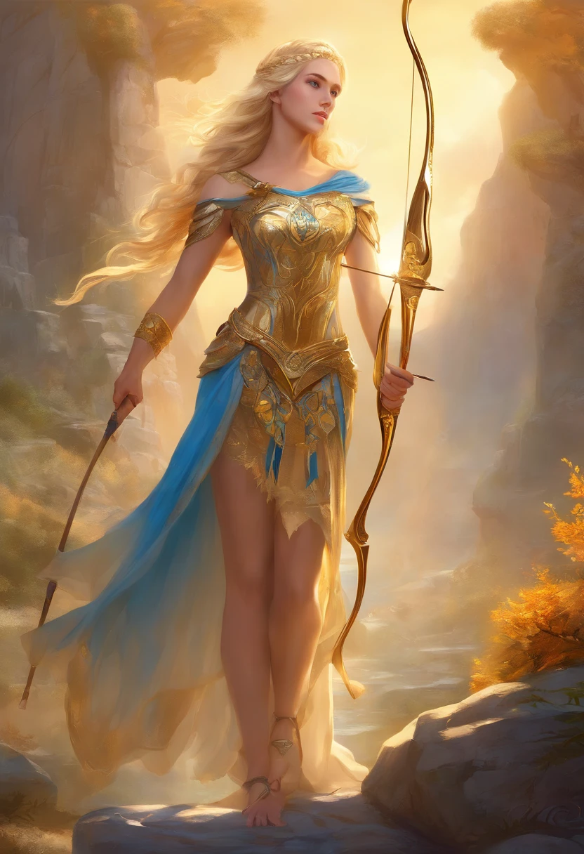 Young virgin greek goddess of wild nature and hunting, with (((Blonde hair))) and (((Blue eyes))), has amazingly and stunningly beautiful appearance, is fair-skinned, slender and tall, Shows off her perfect pair of long legs, wears {sleeveless, (Very short: 1.7), (white:1.5), Greek chitons, With golden border}, Abs, "Looks strict and determined", Holding a ((Golden bow)), archery, Patroling to protect her sanctuary from evil, Mythical Arcadian mountains and forests, Greek mythology, vibrant and lively atmosphere, Mythical fantasy art, Hyper-Realism, ultra-quality, Super Detail, ultra accurate description of hands, masterpiece, 8K, HDR