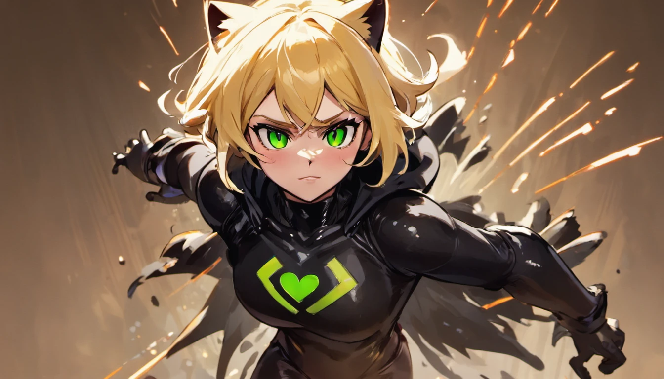 man cosplaying cat noir, from the cartoon Ladybug, he has blonde hair and green eyes, full body image, best quality