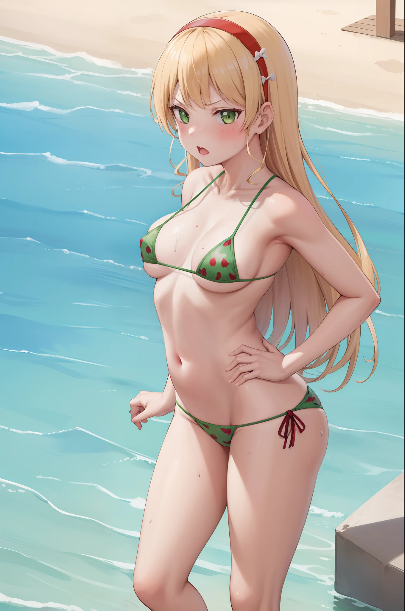 masterpiece, best quality, highres, sumire1, hairband, long hair, micro bikini,WATERMELON PRINT,horizontal watermelon print, outdoors, looking at viewer, sweating, sexy, sexy pose, sexual arousal,(lips:0.6), standing, angry, hands on hips,(red face:1.2), spoke heart, speach bubble