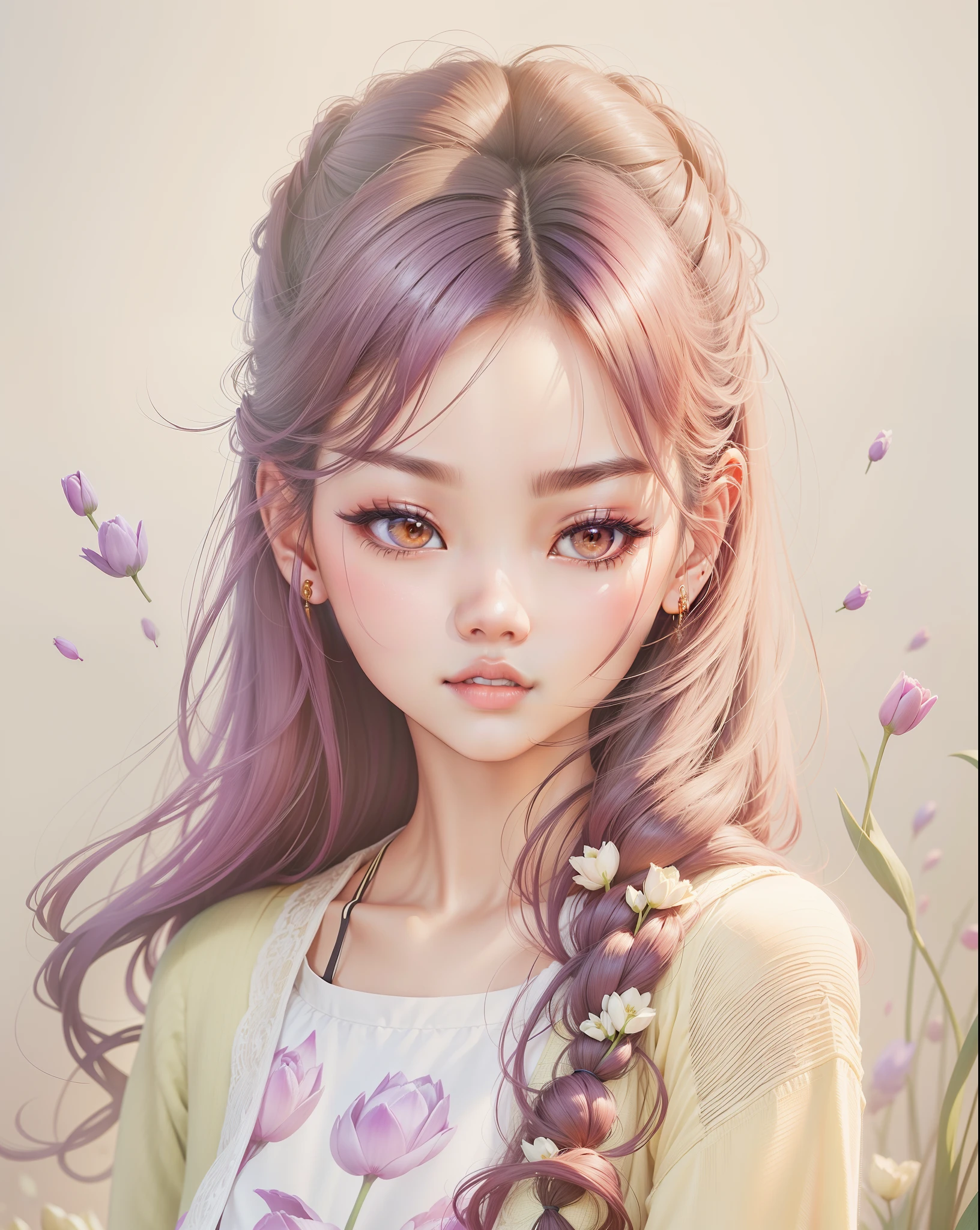 Asian women ( jennie blackpink )with purple tulips in the 90s looking forward with beautiful face and black hair detailing the light in the morning hd wallpaper (korean girl)