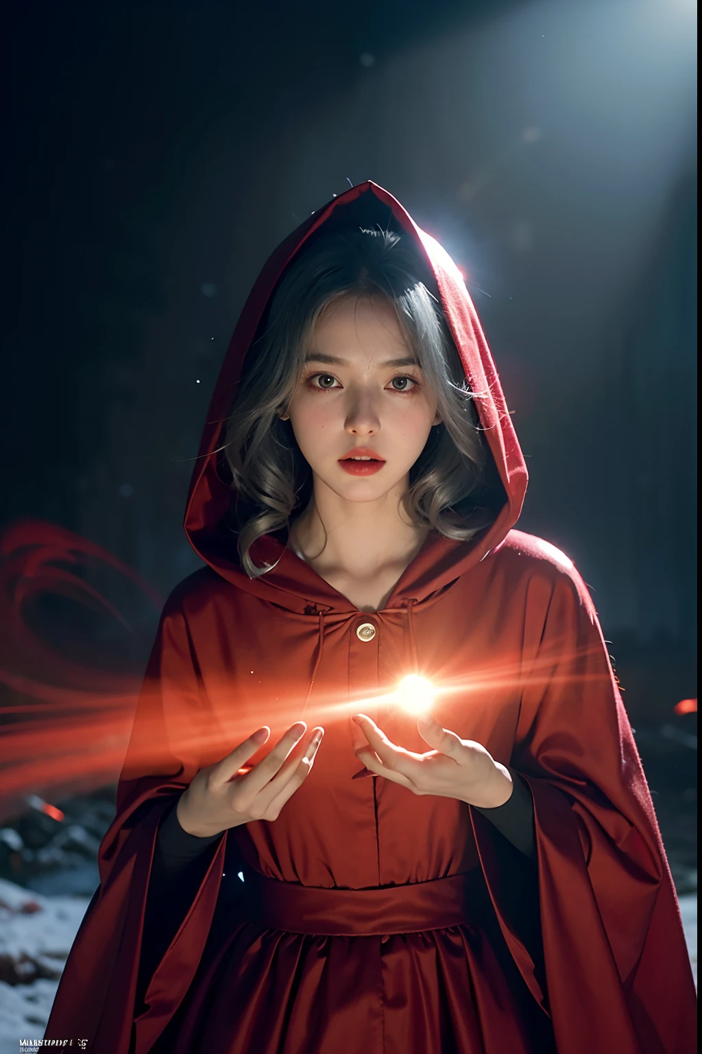 RAW photo, full sharp, (Full HD epic wallpaper) 8K UHD, Digital SLR, Soft lighting, High quality, filmgrain, Fujifilm XT3, hiqcgbody, (1人, Kizi:1.2), vulnerable, Red eyes, Gray hair, buzz cut, Style - Gravity magic, Portrait, Looking down, Solo, Half shot, Detailed background, Detailed face, Pale complexion,(( Lolita costume)), Red robe, Cape, Hood, malicious expression, The scarlet symbol rotates in the air, Floating particles, Fire particles, particle fx, Skylight color scheme, Blood sacrifice, blood stain, red flames, the are In the background, Surrounded by a crimson mist, Sunset, symetrical composition, Epic atmosphere,