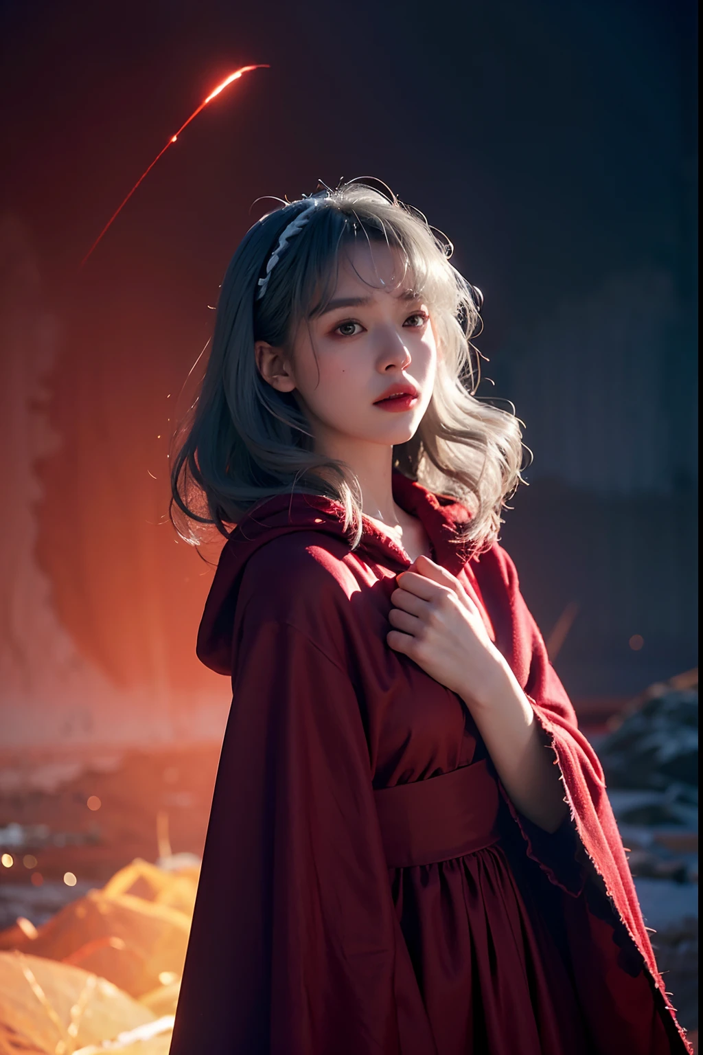 RAW photo, full sharp, (Full HD epic wallpaper) 8K UHD, Digital SLR, Soft lighting, High quality, filmgrain, Fujifilm XT3, hiqcgbody, (1人, Kizi:1.2), vulnerable, Red eyes, Gray hair, buzz cut, Style - Gravity magic, Portrait, Looking down, Solo, Half shot, Detailed background, Detailed face, Pale complexion,(( ta costume)), Red robe, Cape, Hood, malicious expression, The scarlet symbol rotates in the air, Floating particles, Fire particles, particle fx, Skylight color scheme, Blood sacrifice, blood stain, red flames, the are In the background, Surrounded by a crimson mist, Sunset, symetrical composition, Epic atmosphere,