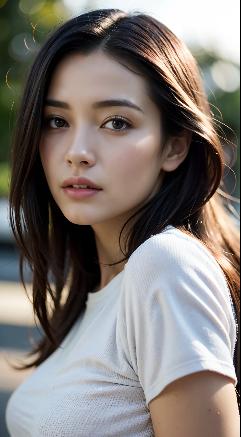 dressed, (photo realistic:1.4), (hyper realistic:1.4), (realistic:1.3), (smoother lighting:1.05), (increase cinematic lighting quality:0.9), 32K, 1girl,20yo girl, realistic lighting, backlighting, light on face, ray trace, (brightening light:1.2), (Increase quality:1.4), (best quality real texture skin:1.4), finely detailed eyes, finely detailed face, finely quality eyes, (tired and sleepy and satisfied:0.0), face closeup, t-shirts, (Increase body line mood:1.1), (Increase skin texture beauty:1.1)