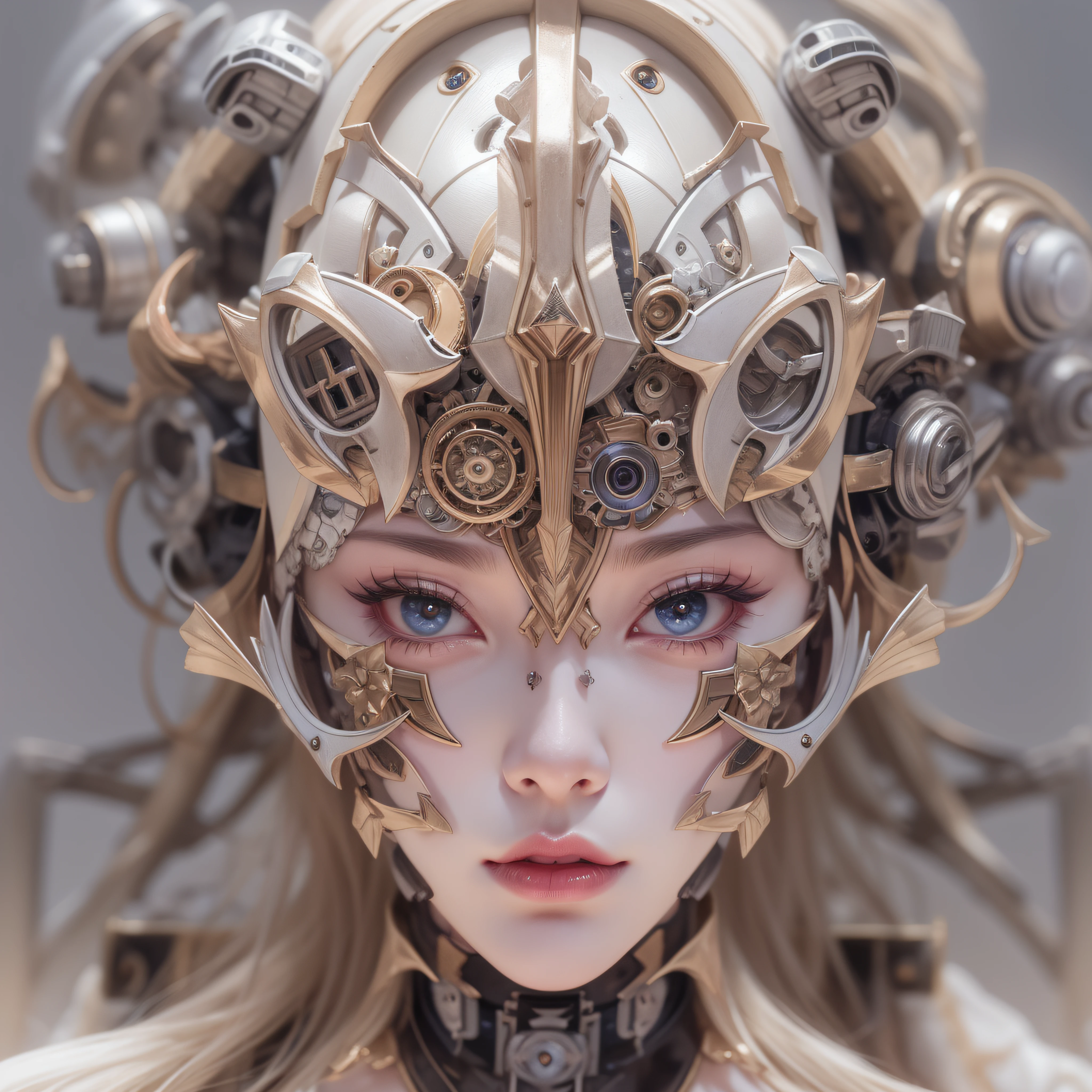 mechanical suit、Mechanical body、skeletal、Close up of a mecha mask、Gothic Girl、makeup、(realisitic、hight resolution)、(1 girl in)、Do-Up Eye、Korean Girl、(Best Quality), (masutepiece), (1girl in), Solo, a beauty girl, Perfect face,,dreamlikeart、Highly detailed airbrush art((Surreal))、Volumetric lighting、(top-quality)、The ultra-detailliert、Rear space、The star is slowly tilting to the west。That light brings light to the machine、Create beautiful scenes。Her eyes are clearly glowing pink。Lots of stars