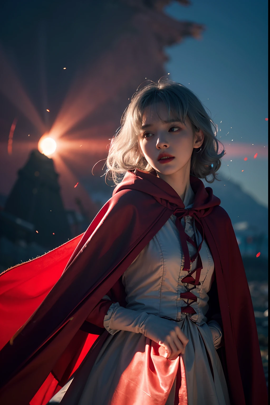RAW photo, full sharp, (Full HD epic wallpaper) 8K  UHD, Digital SLR, Soft lighting, High quality, filmgrain, Fujifilm XT3, hiqcgbody, (1人, Kizi:1.2), vulnerable, Red eyes, Gray hair, buzz cut, Style - Gravity magic, Portrait, Looking down, Solo, Half shot, Detailed background, Detailed face, Pale complexion,(( Lolita costume)), redcloak, Cape, Hood, malicious expression, The scarlet symbol rotates in the air,( Floating particles, Fire particles, particle fx), Skylight color scheme, Blood sacrifice, blood stain, red flames, the are In the background, Surrounded by a crimson mist, Sunset, symetrical composition, Epic atmosphere,