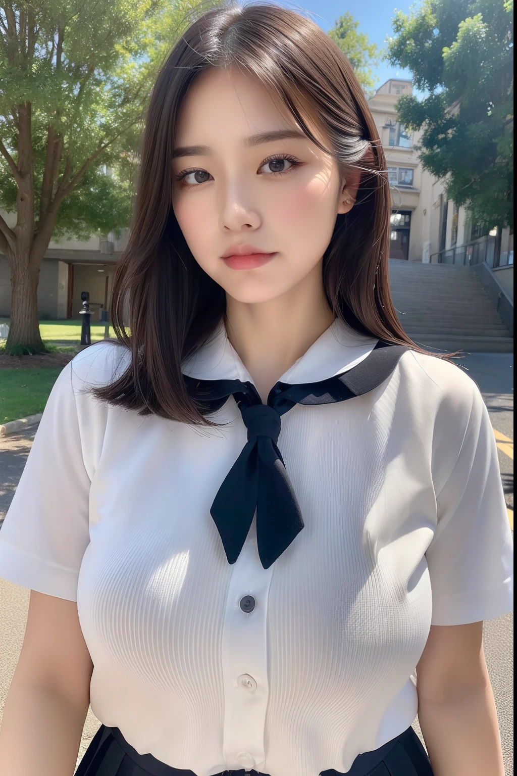 ((top-quality、8K、​masterpiece:1.3))、A dark-haired、bobhair、hi-school girl、Round face、Plump lips、Colossal tits、thighs thighs thighs thighs、Highly detailed facial and skin texture、A detailed eye、二重まぶた、Schools