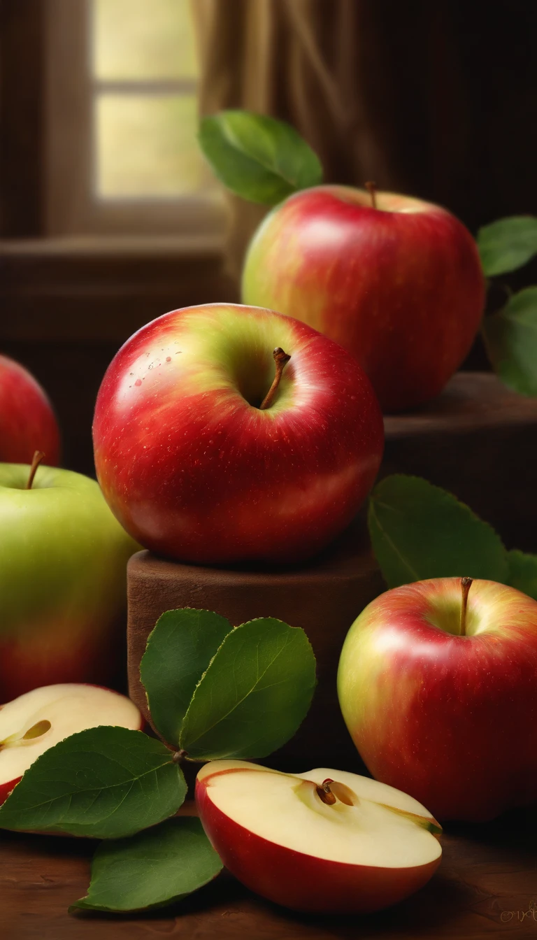 an apple, sprinkled on the table, hyperrealistic digital painting, colorful hyperrealism, amazing food illustration, Apples blender, amazing food photography, ultrarealistic oil painting, hyper realistic color photo, ultrarealistic oil painting, realistic colorful photography, ultrarealistic oil painting, ultrarealistic oil painting, beautiful 3d render, hyperrealistic digital painting