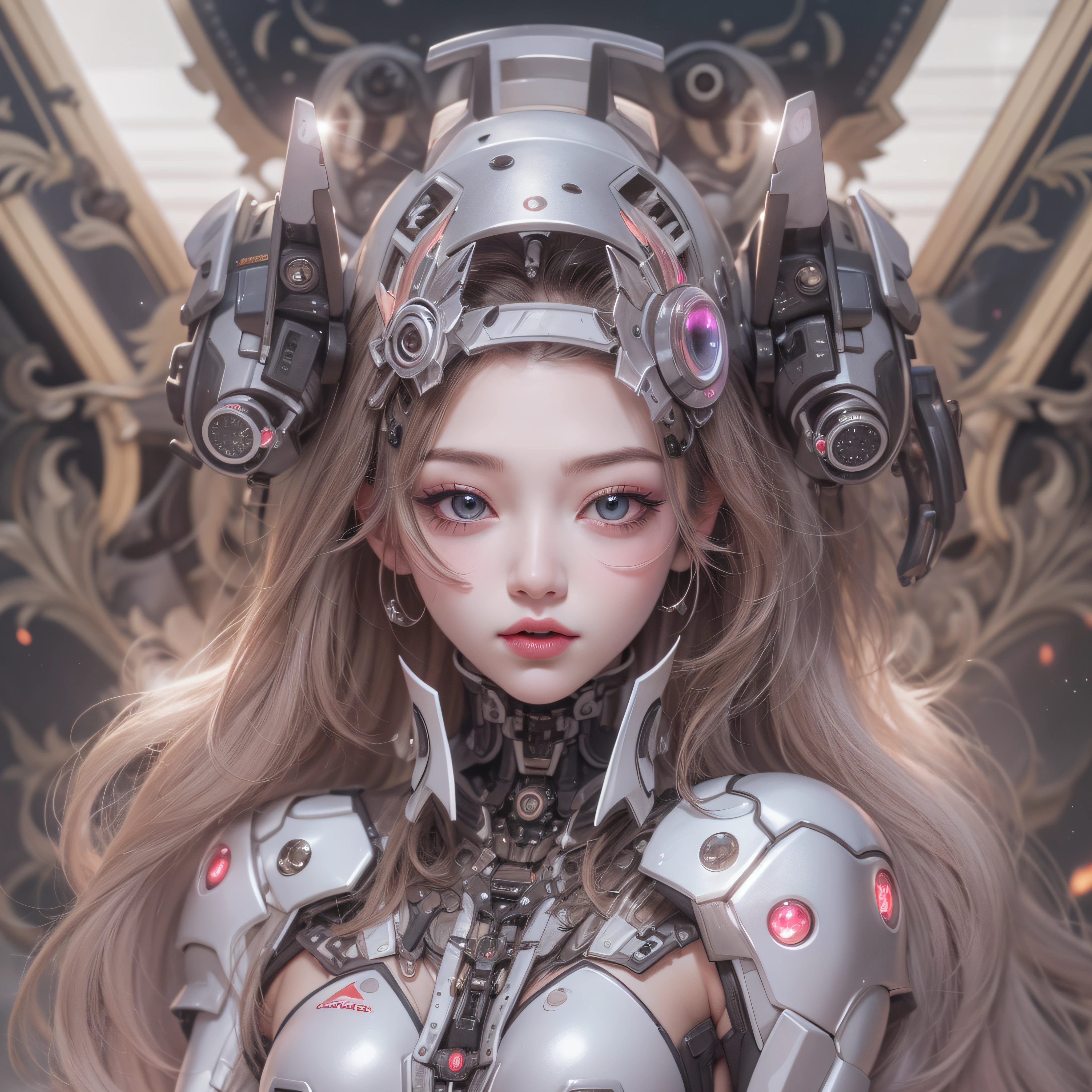 mechanical suit、Mechanical body、skeletal、The upper part of the body、Mecha Mask、Gothic Girl、makeup、(realisitic、hight resolution)、(1 girl in)、Do-Up Eye、Korean Girl、(Best Quality), (masutepiece), (1girl in), Solo, a beauty girl, Perfect face,,dreamlikeart、Highly detailed airbrush art((Surreal))、Volumetric lighting、(top-quality)、The ultra-detailliert、Rear space、The star is slowly tilting to the west。That light brings light to the machine、Create beautiful scenes。Her eyes are clearly glowing pink。Lots of stars