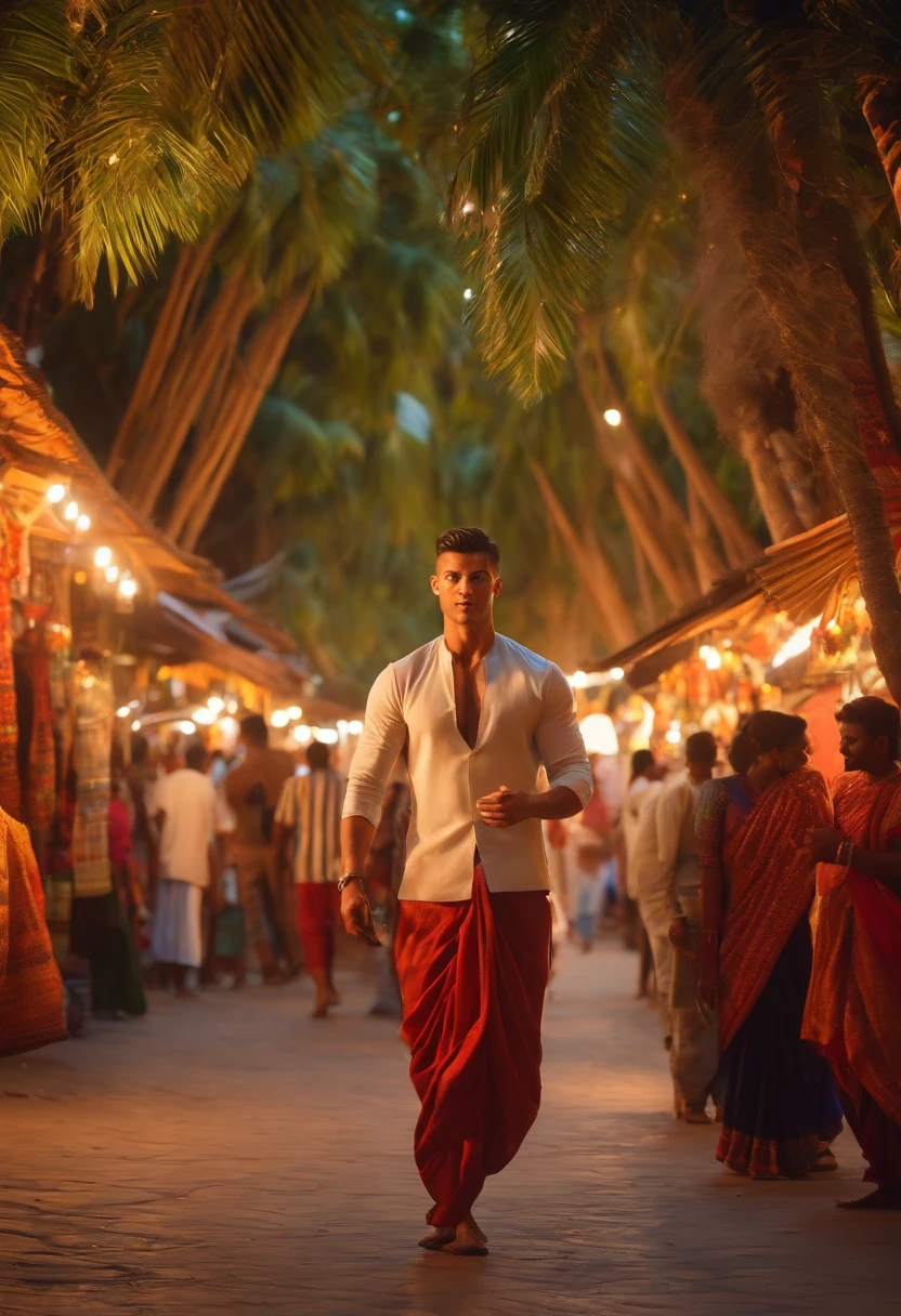 (best quality,4k,highres,masterpiece:1.2), ultra-detailed, realistic, Ronaldo wearing dhoti kurta, walking in Indian Street, vibrant colors, warm lighting, traditional artwork, bustling crowd, ornate architecture, intricate patterns, lively atmosphere, rich cultural heritage, traditional music playing in the background, festive decorations, aromatic street food stalls, palm trees swaying in the breeze, clear blue sky, beautiful sunset, Cristiano Ronaldo attracting attention, friendly locals, celebration of diversity, harmonious coexistence, joyful vibes, blending of traditional and modern elements, sense of unity, mesmerizing sights and sounds, captivating cultural experience