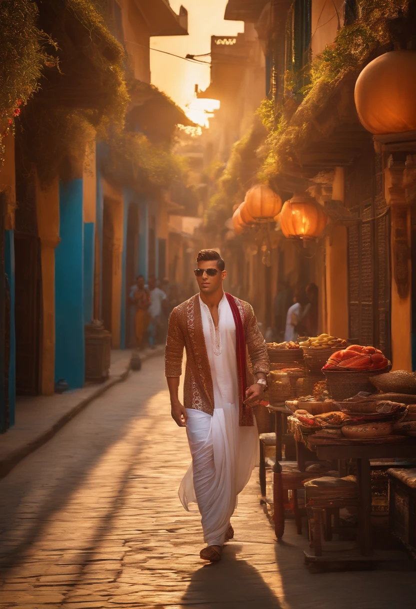 (best quality,4k,highres,masterpiece:1.2), ultra-detailed, realistic, Ronaldo wearing dhoti kurta, walking in Indian Street, vibrant colors, warm lighting, traditional artwork, bustling crowd, ornate architecture, intricate patterns, lively atmosphere, rich cultural heritage, traditional music playing in the background, festive decorations, aromatic street food stalls, palm trees swaying in the breeze, clear blue sky, beautiful sunset, Cristiano Ronaldo attracting attention, friendly locals, celebration of diversity, harmonious coexistence, joyful vibes, blending of traditional and modern elements, sense of unity, mesmerizing sights and sounds, captivating cultural experience