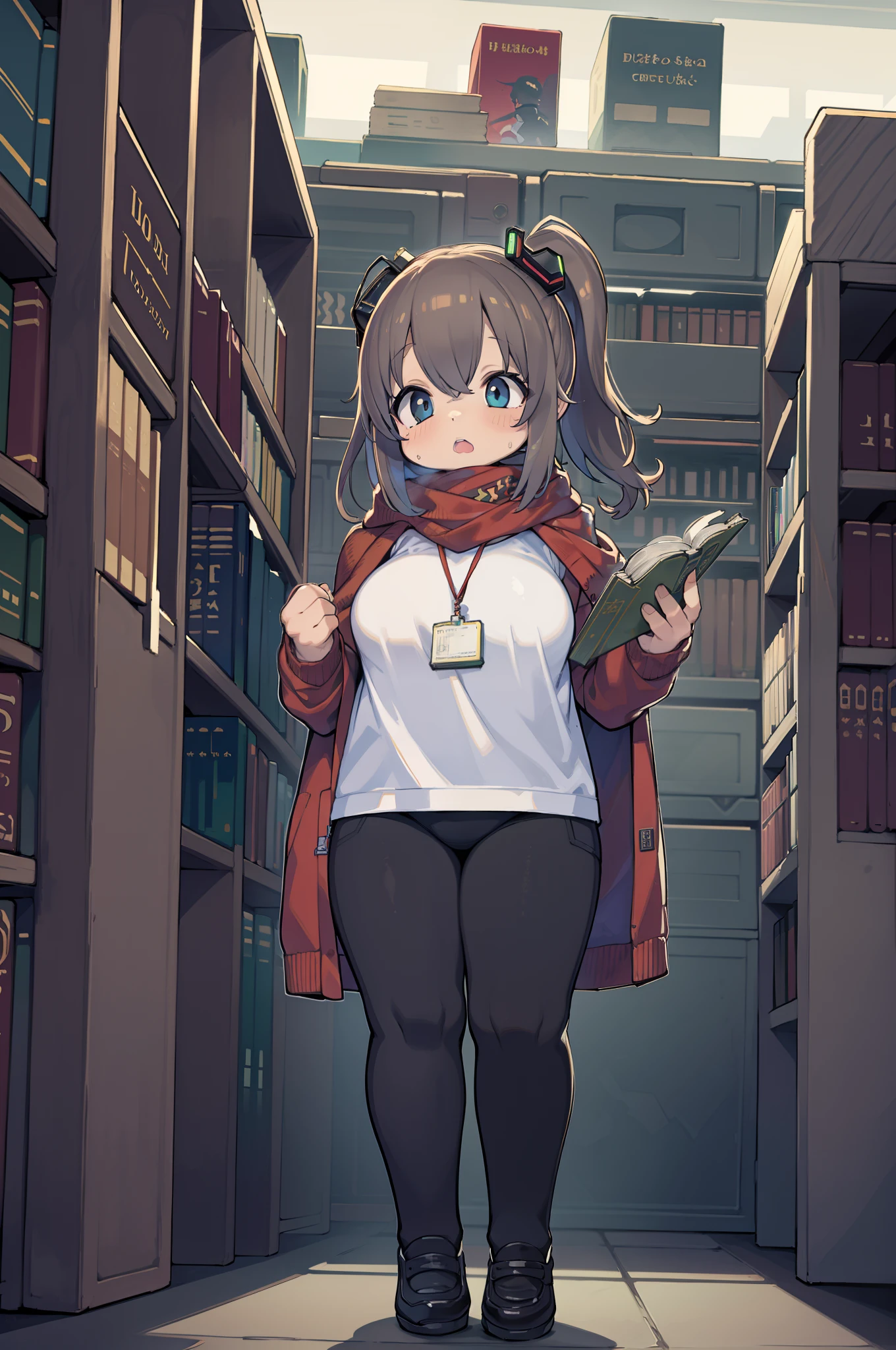 A huge futuristic library with thousands of books. A cyberpunk ??? in the center of the library is in awe