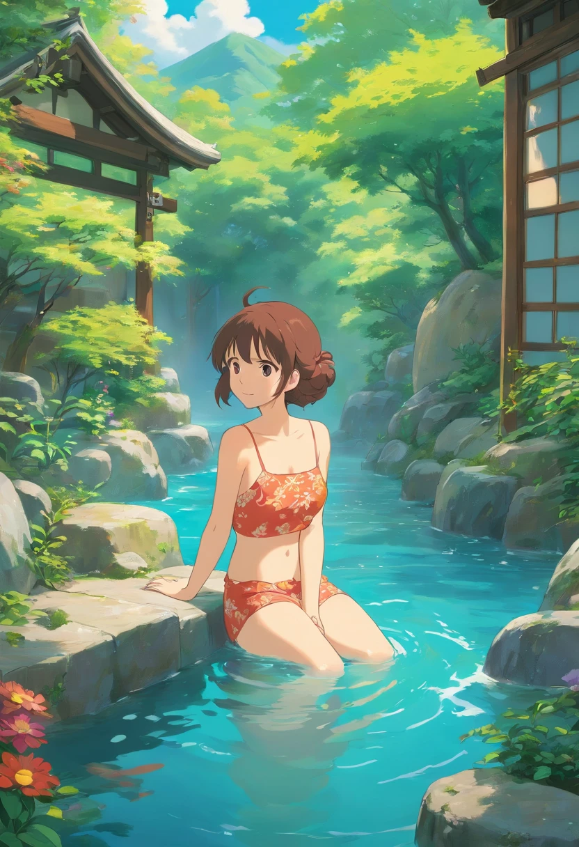 girl with, In the style of a tranquil garden landscape, colorful animation stills, hot onsen、Multiple people、Soak in hot water、warm up、steam