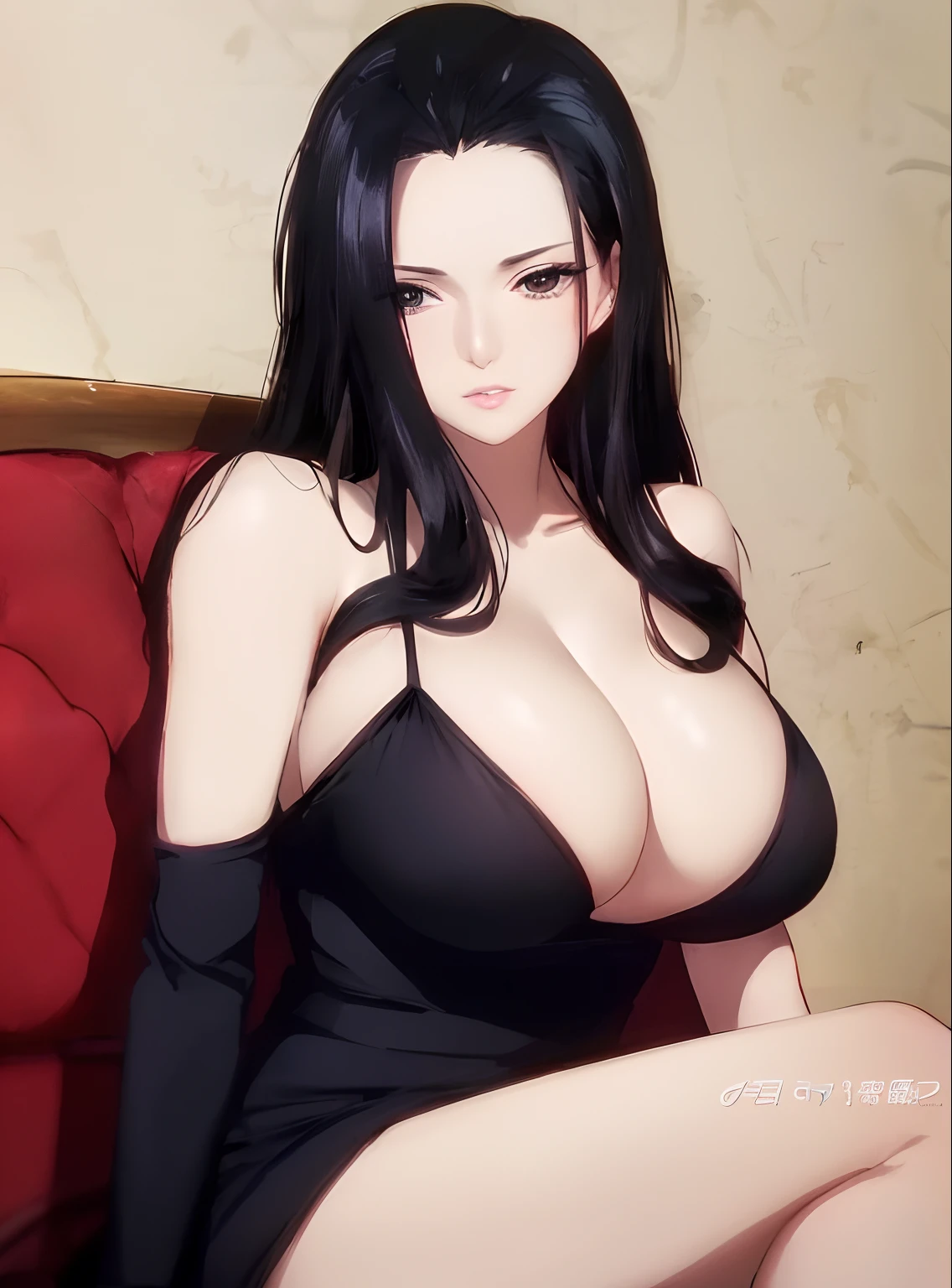 a close up of a woman in a black dress sitting on a red couch, seductive anime girl, beautiful alluring anime woman, oppai, anime girl wearing a black dress, marin kitagawa fanart, beautiful anime woman, attractive anime girl, tifa lockhart, seductive tifa lockhart portrait, anime best girl, female anime character, tifa