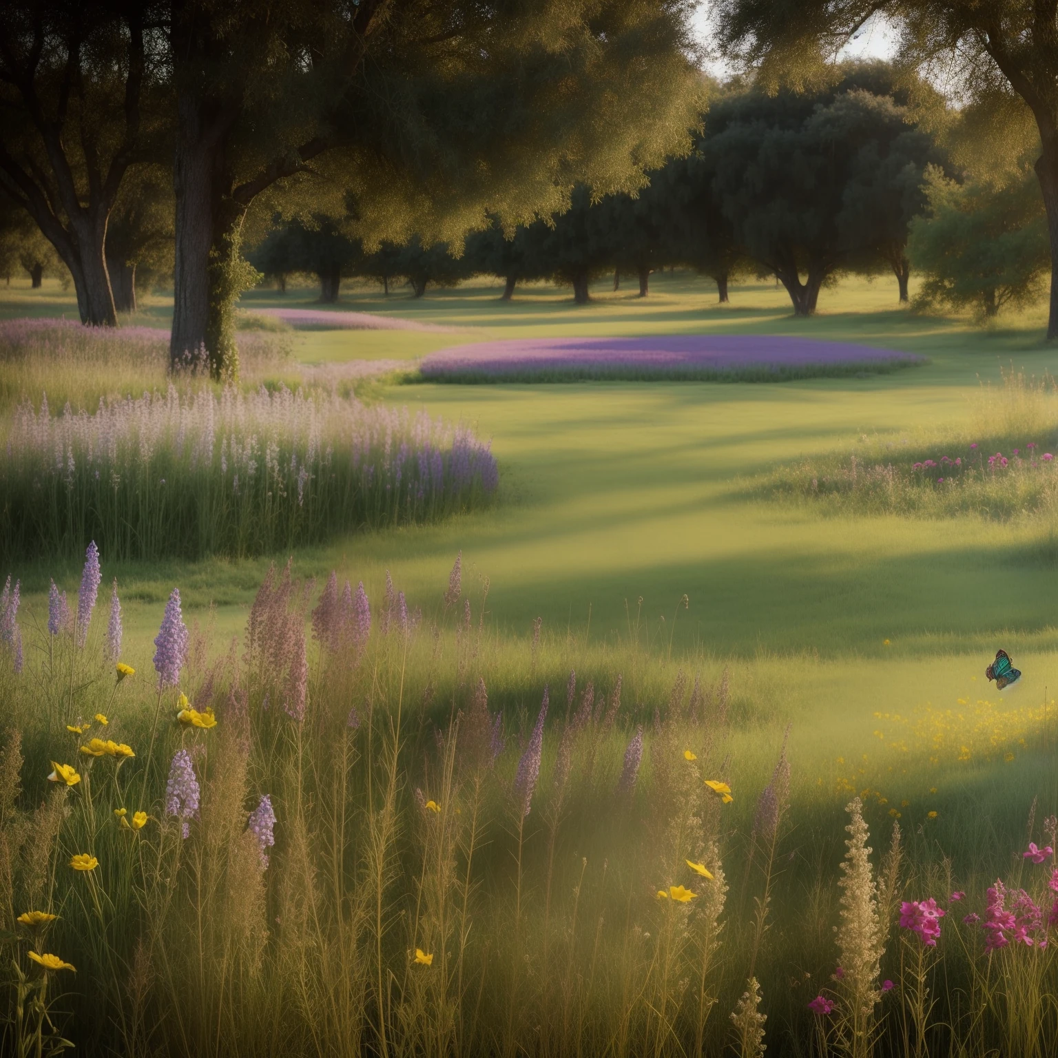 Arte foto realista campo florido,with birds and butterflies.