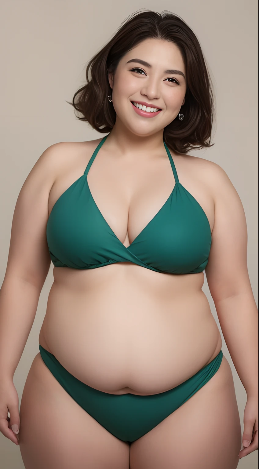 Beautiful photograph very fat and obese 21 year old woman, corto, brown hair with small eyes, small-nose, con maquillaje, sonriente, en bikini, cintura grande, fondo blanco, senos grandes, complexion muy gruesa. mujer obesa. Foto frontal desde las rodillas a la cabeza.