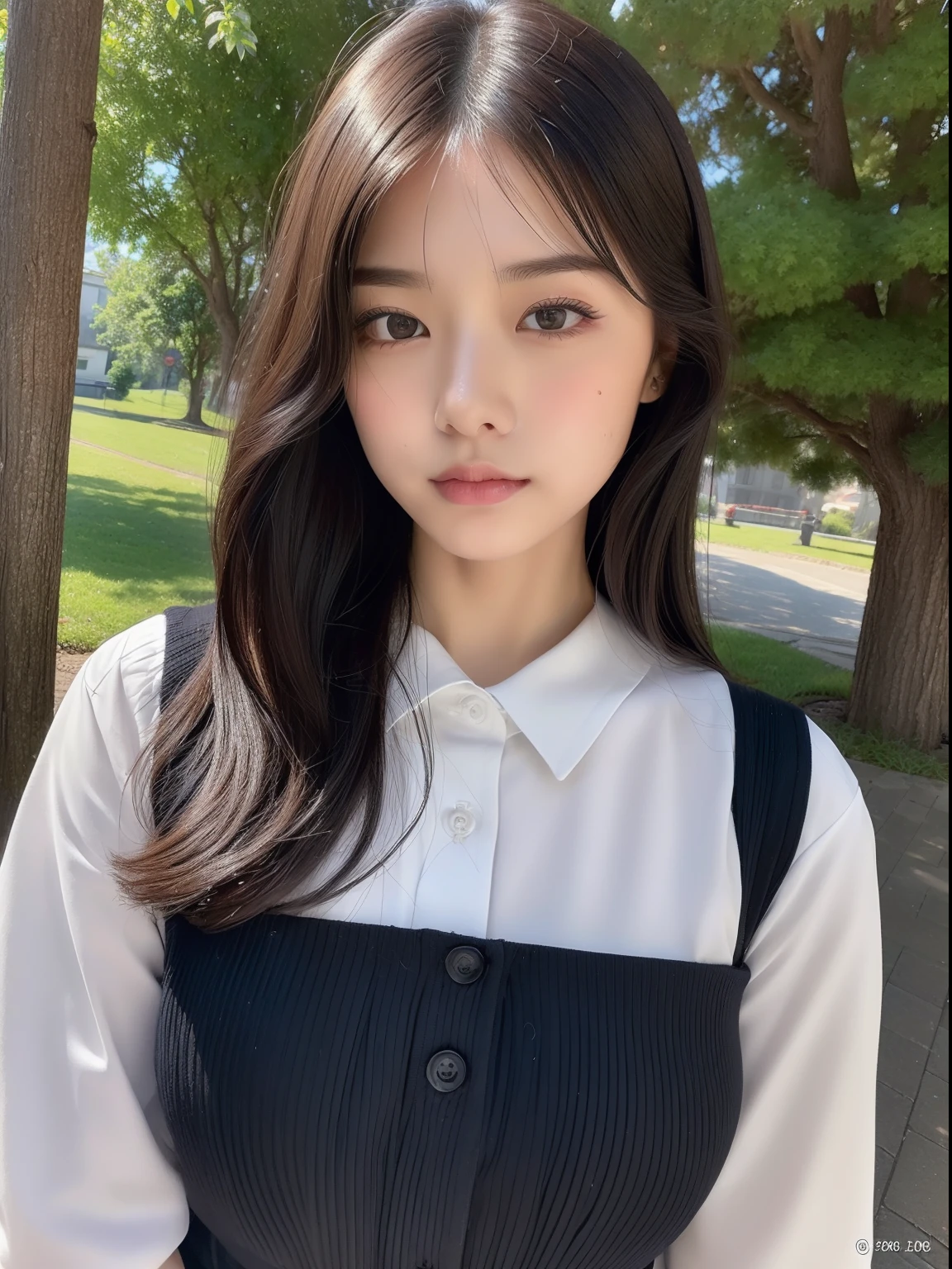 ((top-quality、8K、masterpiece:1.3))、A dark-haired、bobhair、hi-school girl、Round face、Plump lips、Colossal tits、thighs thighs thighs thighs、Highly detailed facial and skin texture、A detailed eye、二重まぶた、Schools