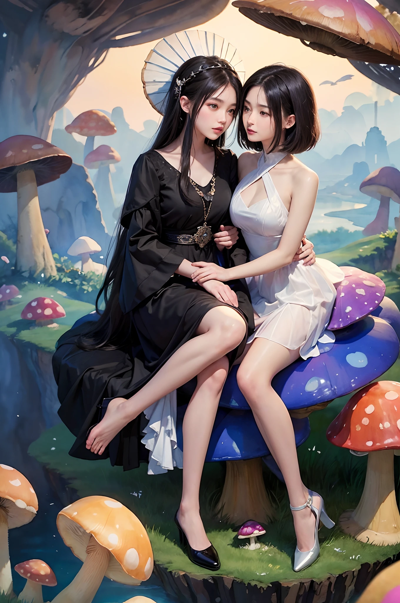 Smiling,Face focus,(alebrijes art style), （a couple of lesbians:1.4) sitting together on a (giant mushroom:1.4),fantastical world,fantasy,lewd,leering:1.3,Masterpiece, Best quality, intricately details, absurderes,,(ulzzang-6500-v1.1,pureeroface_v1,octane rendering)
