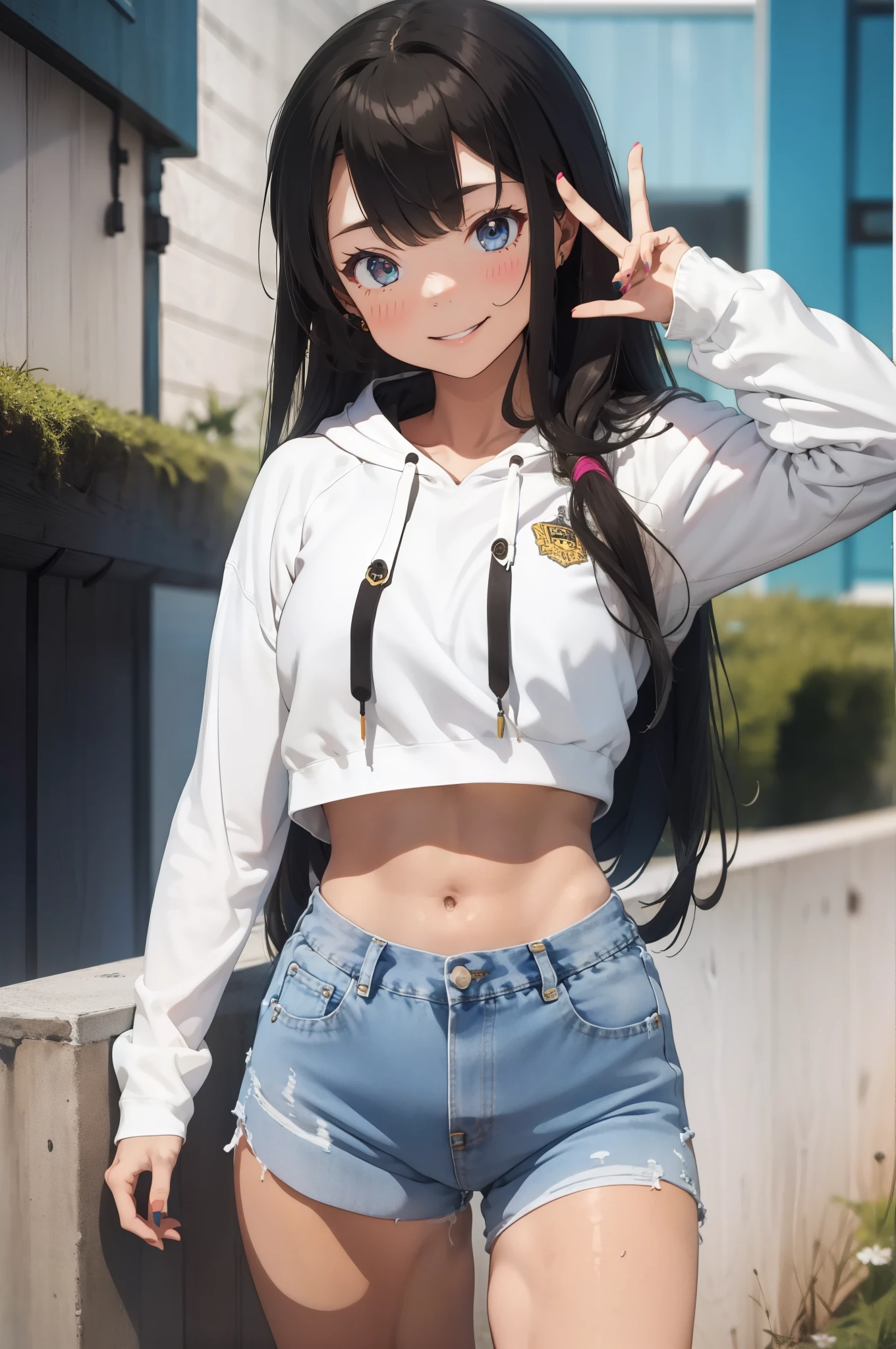 1girl, smiling, colorful crop top hoodie, high-waist shorts, peace sign, urban, long side bangs