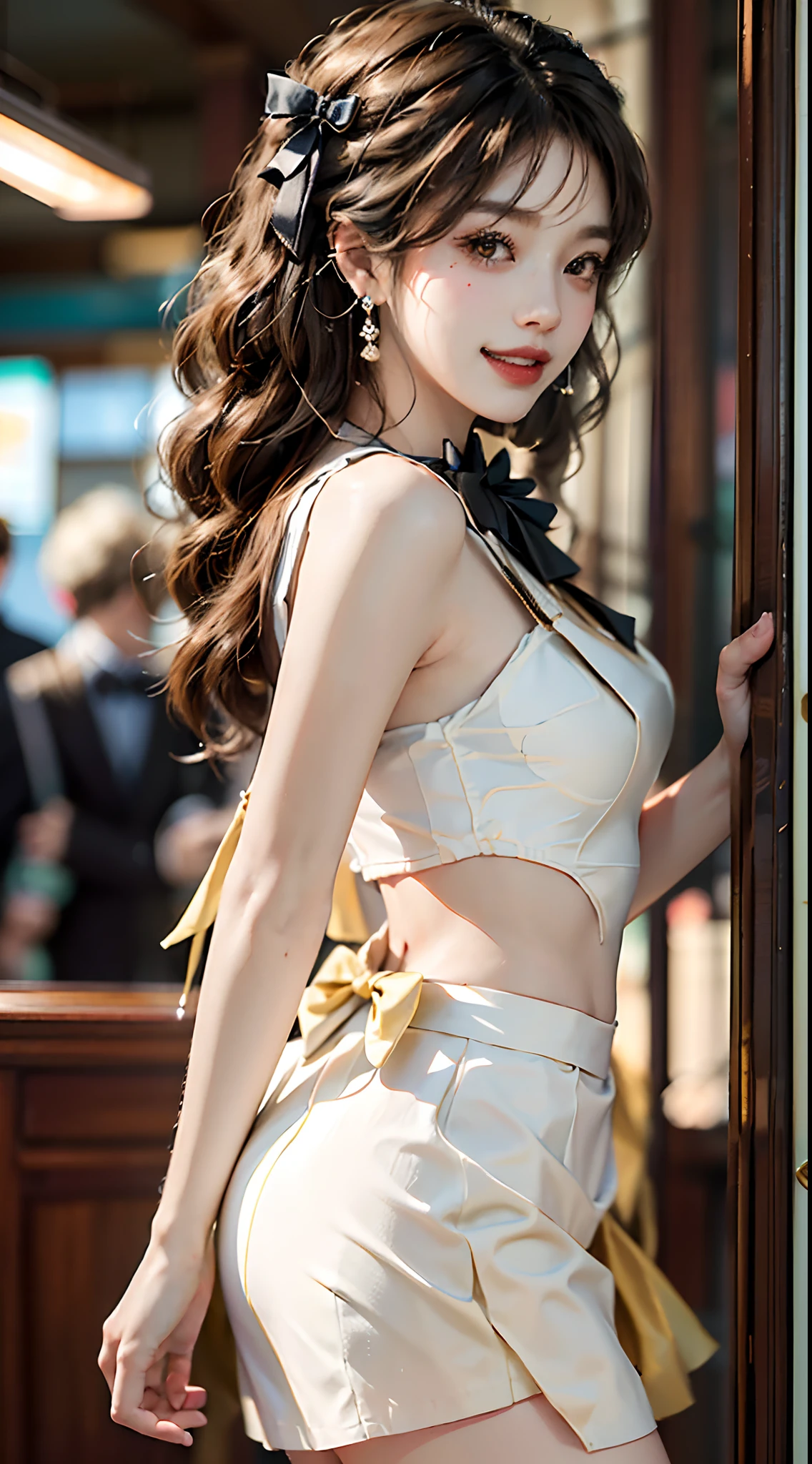 ((cowboy shot)), ((from side)), ((realistic)), ((Standing posture, legs crossed)), Inside the mall, Detailed scenes, 1girll, looking toward the viewer, (grin, Leaking teeth), Asian model, curlies, Air bangs, Beautiful hair accessories, Brownish-yellow hair,((Black suit, neck bowtie, Short white skirt)), ((Campus style)), (warm lights, a warm color palette), Detailed details, ultra-detailliert, (tmasterpiece, best qualtiy), (An extremely delicate and beautiful work), Delicate earrings, Simple blurred background, Extreme detail description, Ultra-fine painting, Delicate face, slim toned body