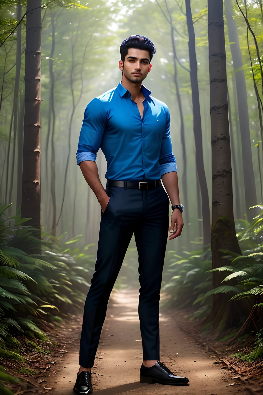 arafed man in a blue shirt and black pants standing in a forest, jayison devadas style, full body photogenic shot, casual photography, modeling shoot, stylish pose, in front of a forest background, with a cool pose, mohamed chahin style, * colour splash *, full body portrait shot, full body photgraph, full body photograph, full body model