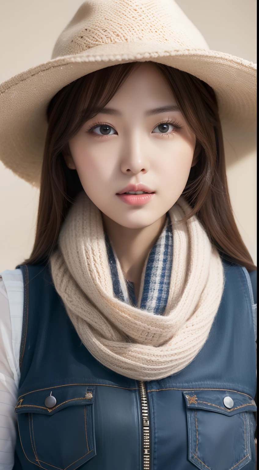 realistic photos of 1 cute Korean star, floating hair, white skin, thin makeup, 32 inch breasts size, wearing zipper vest, cowboy hat, scarf, in post office, close-up portrait, dithering, UHD