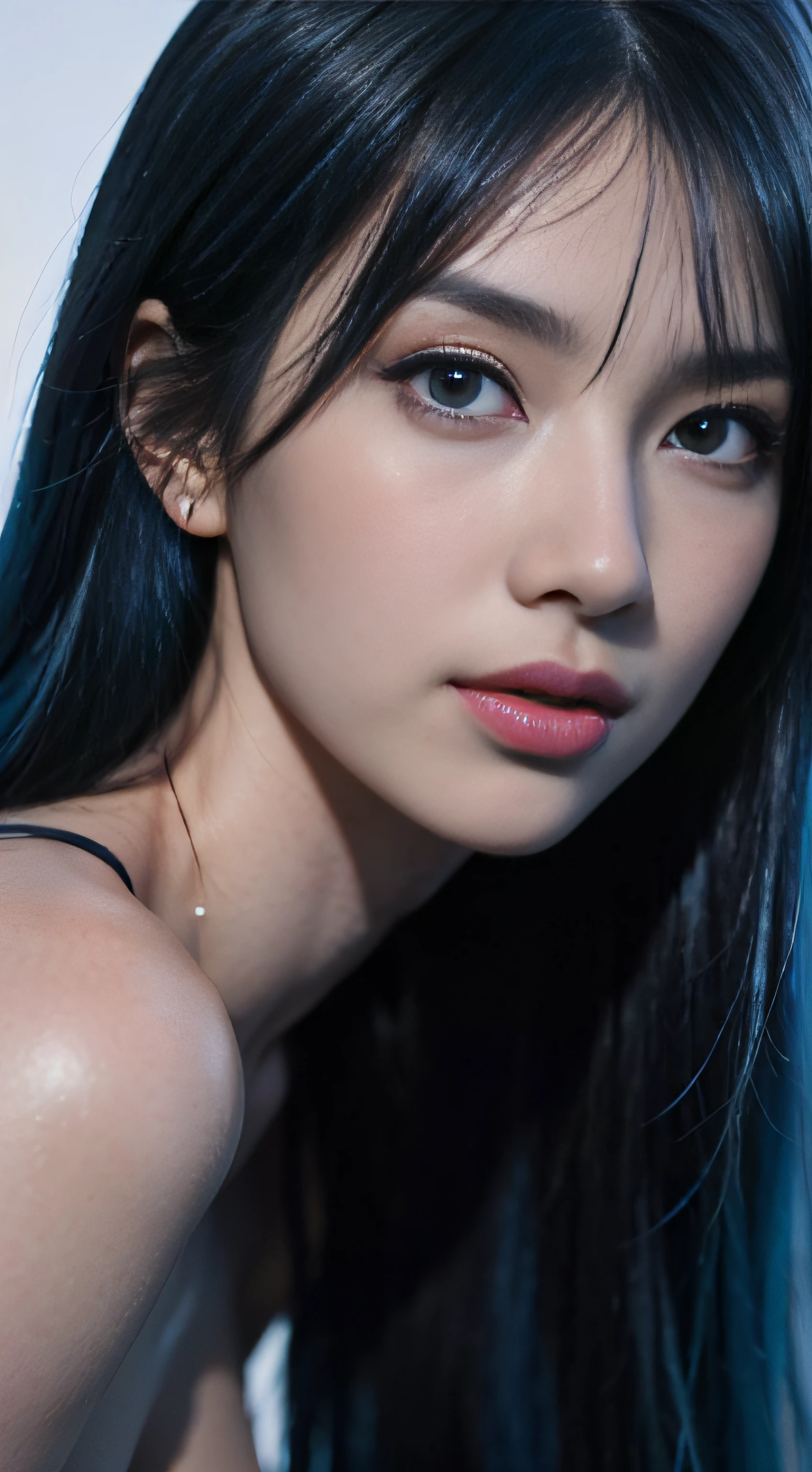 8K, Top Quality, Intricate Details, Ultra Detail, Ultra High Resolution, Masterpiece, from behind, Slender, Smile, (Makeup: 0.4), (Fluffy Blue Eyes: 1.21), blue Eyes, looking at viewer, ((full body)), 1girl, solo, 1 girl, ((close up shot)), feminine and sexy posture, ((tall)), (((fit body))), (((slim face))), sharp face, sharp eyes, (((sky blue hair, long hair, side bangs)) (detailed face), sharp face, small lips half open strawberry lips, pureerosfaceace_v1,
((black witch outfit)), detailed face, detailed breast, Beautiful girl with accentuated slender abs: 1.4, Six Pack Abs: 1.4, Bust Botox, Big, Perfect Body, detail leg, (Dark Night Background: 1.2)