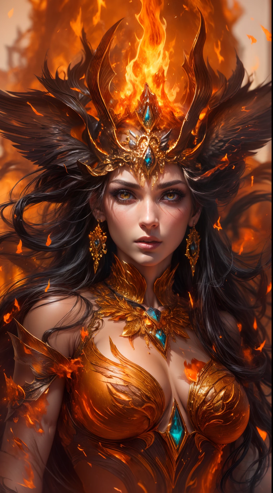 This is a realistic fantasy artwork prominently featuring realistic fire, including wisps of flames, glowing hot embers, subtle curls of smoke, and a beautiful fire druid. The druid stands in the midst of a raging inferno with an interesting composition. Her face is expertly sculpted, with elegant and refined features and perfect shading and realistic skin texture. Her (orange and gold eyes) are stunning and are the focal point of this image. (Her eyes extremely detailed, beautiful detailed eyes, and macro). Her eyes feature intricate detailing with clearly defined irises and bright sclera. Her soft lips are smooth and very puffy, and her skin is adorned with a light flush and ornate fire detailing. Her long gown is stunning and expensive, and is made of pure flames and glittering, ornate jewels that glimmer in the fire light. Her billowing gown glitters from the flames and features a delicately and intricately embroidered bodice with wisps of flames running across it. Include fantasy elements like bumps, stones, fiery iridescence, glowing embers, silk, and an interesting background. Include fiery magical creatures such as fiery birds and fiery butterflies that give off a magical and mystical aura. Lighting: Utilize the latest trends in lighting to enhance the artwork's beauty. Camera: Utilize dynamic composition to create a sense of urgency and excitement. Take inspiration from the current masters of the fantasy genre, including trending artists on Artstation and Midjourney. ((masterpiece))