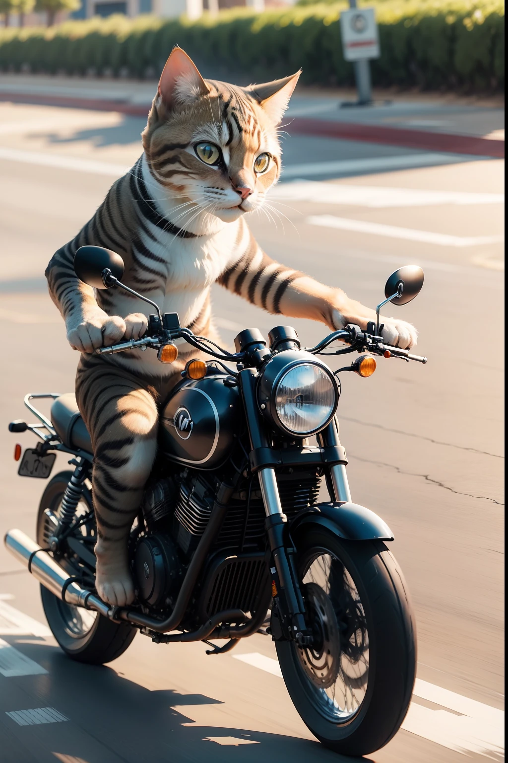 Um gato pilotando uma motocicleta