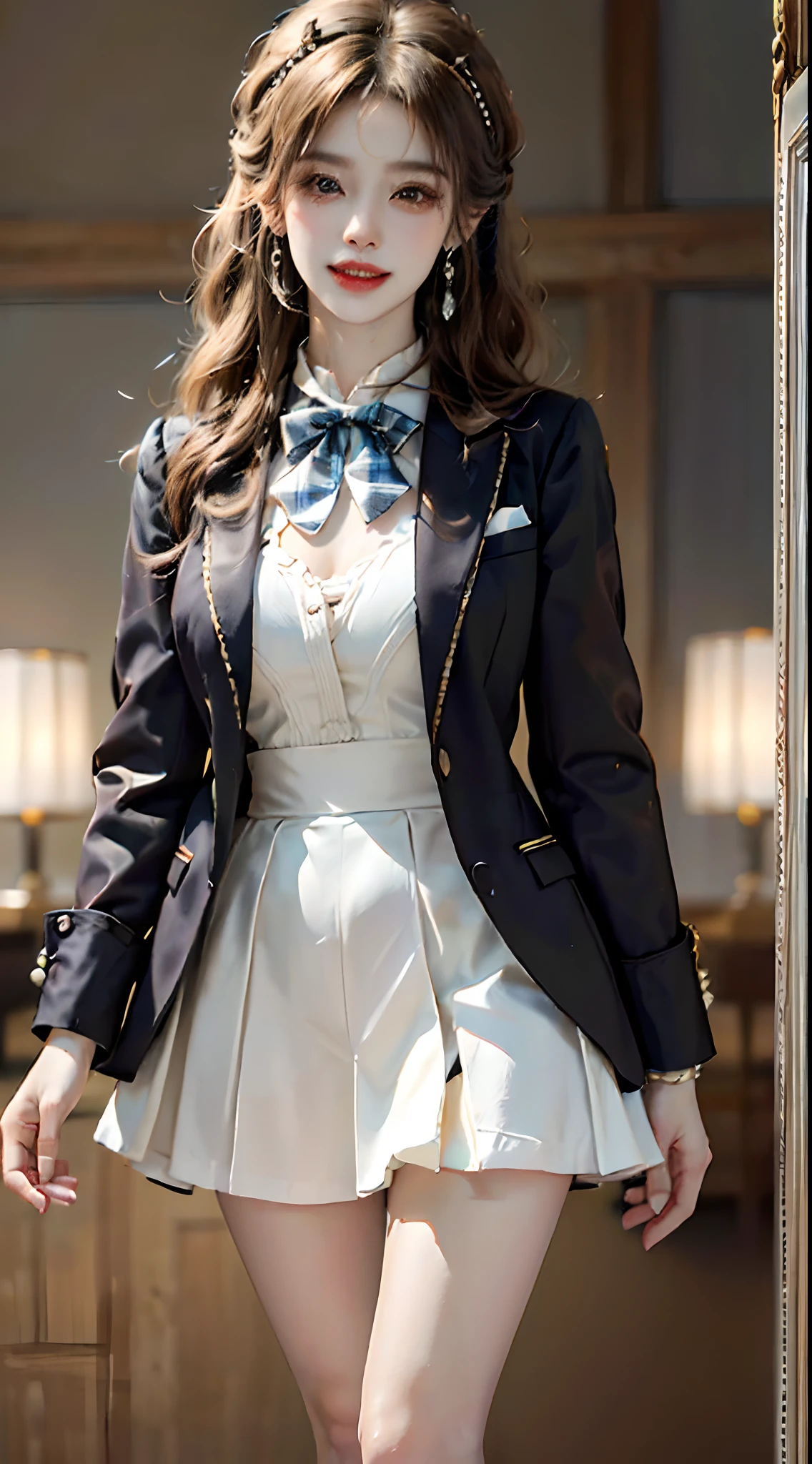 ((full body)), ((shot from a far distance)), ((extra long shot)), ((realistic)), ((Standing posture, legs crossed)), Detailed scenes, 1girll, looking toward the viewer, (grin, Leaking teeth), Asian model, curlies, Air bangs, Beautiful hair accessories, Brownish-yellow hair,((Black suit, neck bowtie, Short white skirt)), ((Campus style)), (warm lights, a warm color palette), Detailed details, ultra-detailliert, (tmasterpiece, best qualtiy), (An extremely delicate and beautiful work), Delicate earrings, Simple blurred background, Extreme detail description, Ultra-fine painting, Delicate face, slim toned body