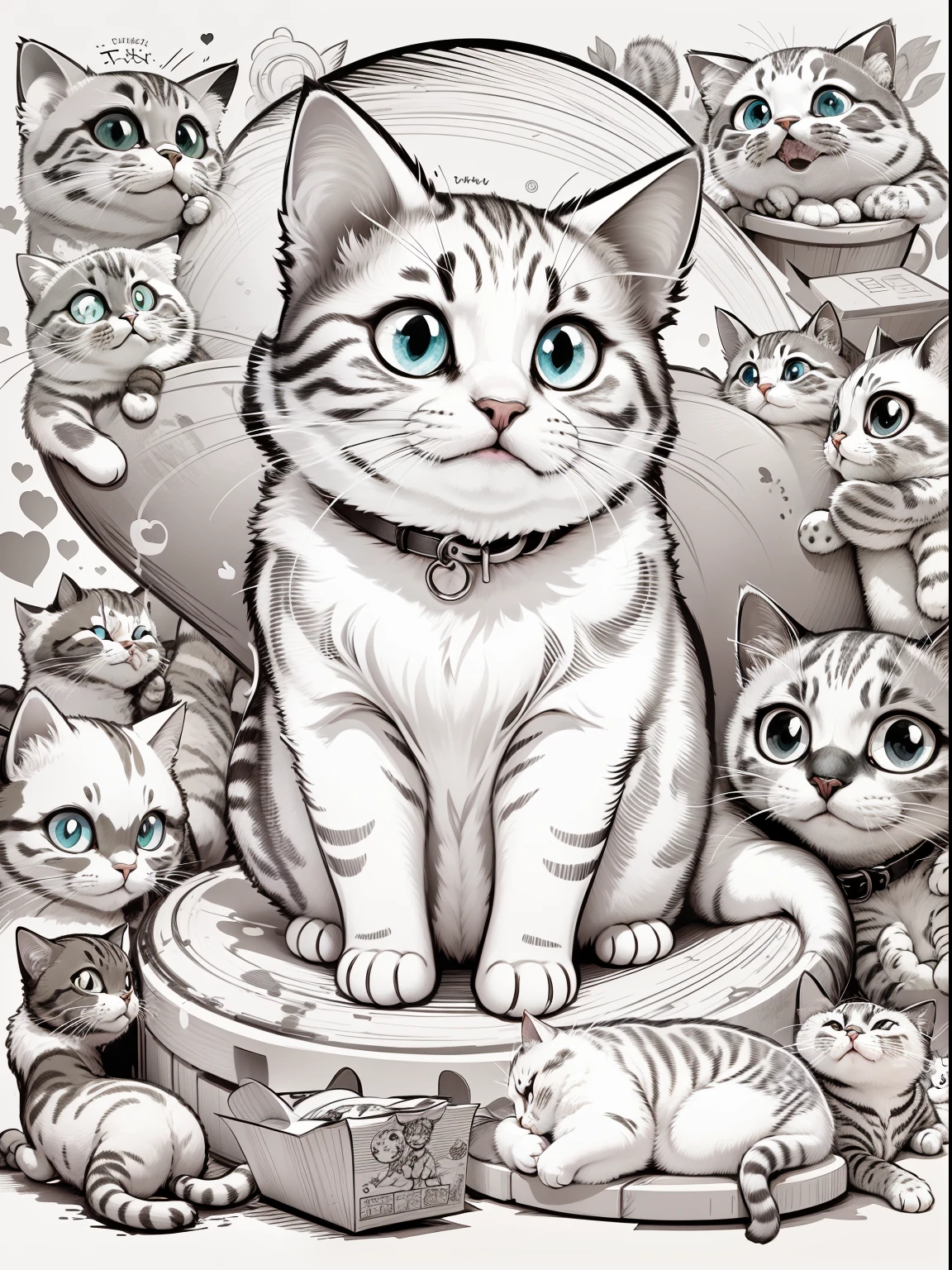 design t-shirt graphic, cute cartoon cat coloring pages, full white, fleischer cartoon style ,white background, playful style, out of the box,