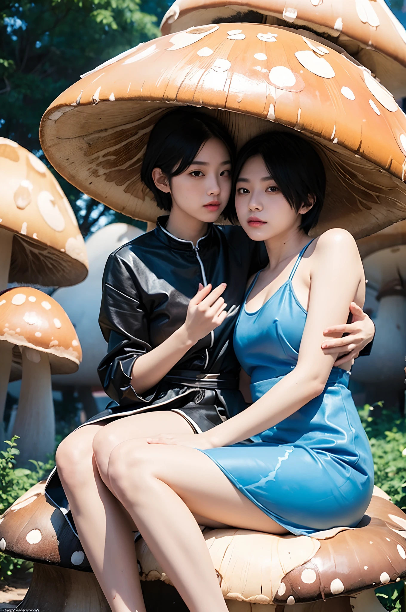 (Best quality,masterpiece:1.2,face focus:1.4,wide eyes,beautiful eyes:1.4,dynamic poser),
BREAK
(a couple of lesbians:1.7) sitting together on a (giant mushroom:1.3),leering:1.2,tutu dress,vivid color,
BREAK
fantastical world,fantasy,((watercolor painting)),ulzzang-6500-v1.1,