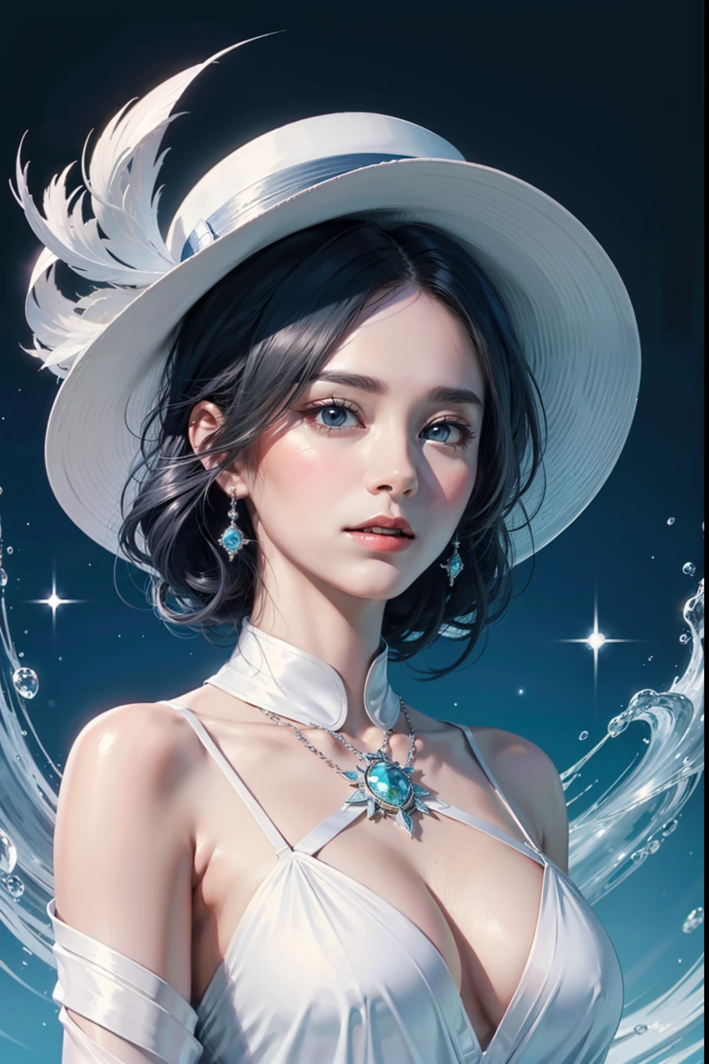 Gossip Diagram,Yin and Yang Eyes,taijitu,Woman,conservative clothing,Poor milk,(Wearing a big hat),Blue Crane,Wearing blue and red and white princess dresses,upper body close - up,Close-up photos,jewely,Vision of Heaven and Earth,Diamond,carp,The background is the Milky Way,solar system、appearance々Pose