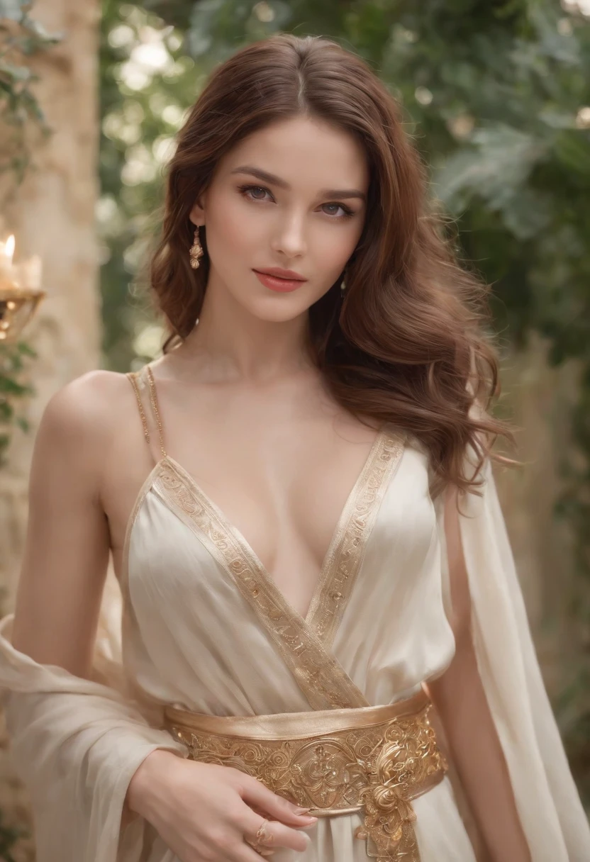 goddess of love and lust, with brown hair and brown eyes, is glossy-skinned, looks gorgeous and attractive, is smiling sensual and cruel, wears crimson greek toga, puts on jeweled golden ornaments, circlet, necklace, bangles, bracelets, ancient cyprus island, ancient greek garden, pigeons, roses, Greek mythology, sensual atmosphere, photorealistic, super high quality, super detail, ultra-accurate description of hands, masterpiece, 8K, HDR
