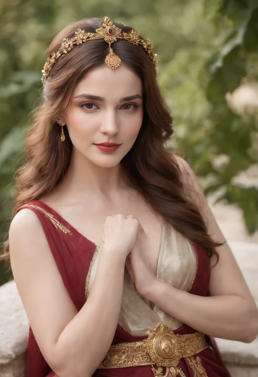 goddess of love and lust, with brown hair and brown eyes, is glossy-skinned, looks gorgeous and attractive, is smiling sensual and cruel, wears crimson greek toga, puts on jeweled golden ornaments, circlet, necklace, bangles, bracelets, ancient cyprus island, ancient greek garden, pigeons, roses, Greek mythology, sensual atmosphere, photorealistic, super high quality, super detail, ultra-accurate description of hands, masterpiece, 8K, HDR