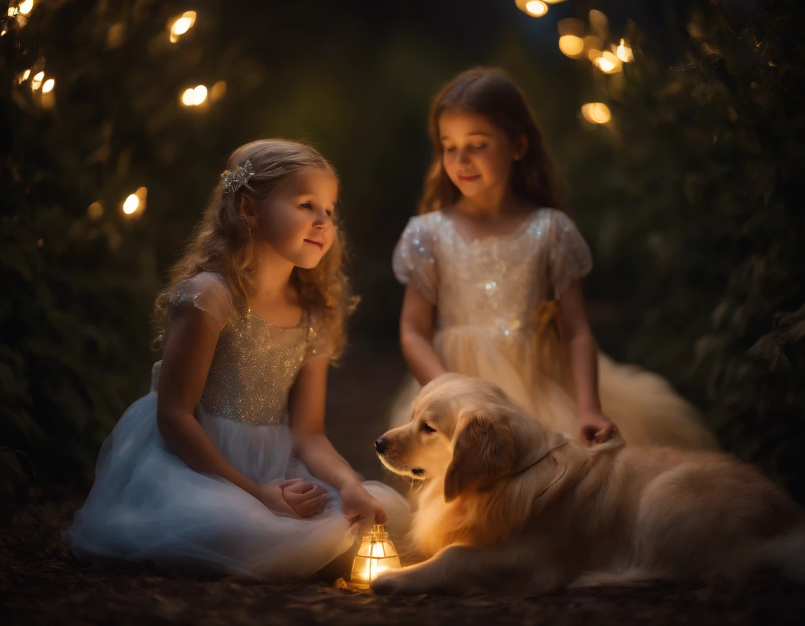 YOUNG SIBLINGS IN FAIRYLAND WITH THEIR GOLDEN RETRIEVER AAND LIGHT FAIRIES, NIGHTTIME