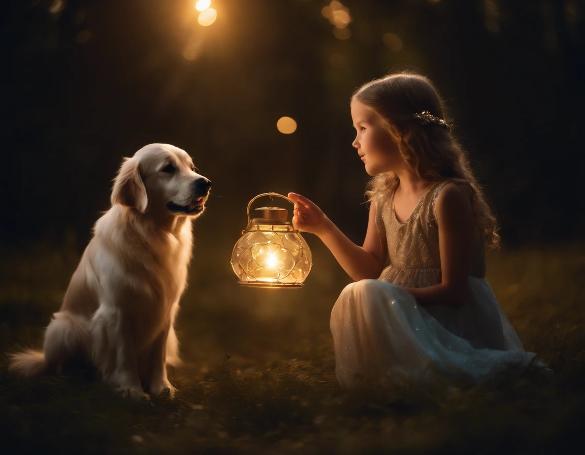YOUNG SIBLINGS IN FAIRYLAND WITH THEIR GOLDEN RETRIEVER AAND LIGHT FAIRIES, NIGHTTIME