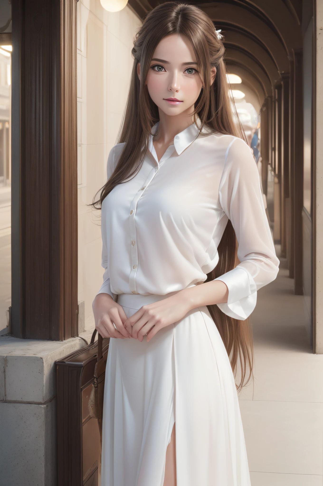 (1girl:1.3), (photorealistic:1.4), cinematic light, (masterpiece, top quality, best quality, official art), extreme detailed, highest detailed, (ultra-detailed), ((an extremely delicate and beautiful)), contemporary,
silky long hair, (brown hair),
standing at the station, in evening,
white shirt, long skirt,
upper body, from above,
shy, blush