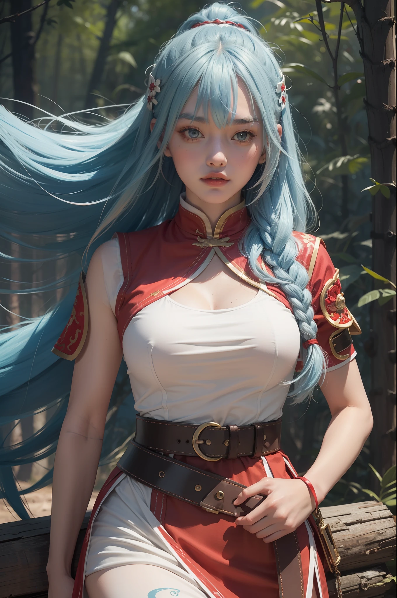 Young woman 18-years old, straight light blue hair, (free long hair) , dressed as a shaolin monk, (red and white dress), forest background, masterpiece, hyperdetailed, belt with big round buckle, bandages in the hands,