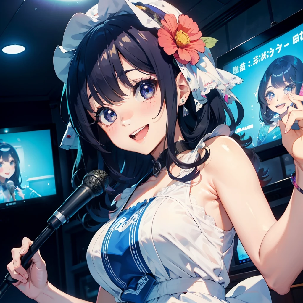 1 beauty,Watery Big Eyes,Happy smile,teeth showing、long eyelasher,falda corta,Blushlush,At the karaoke box,