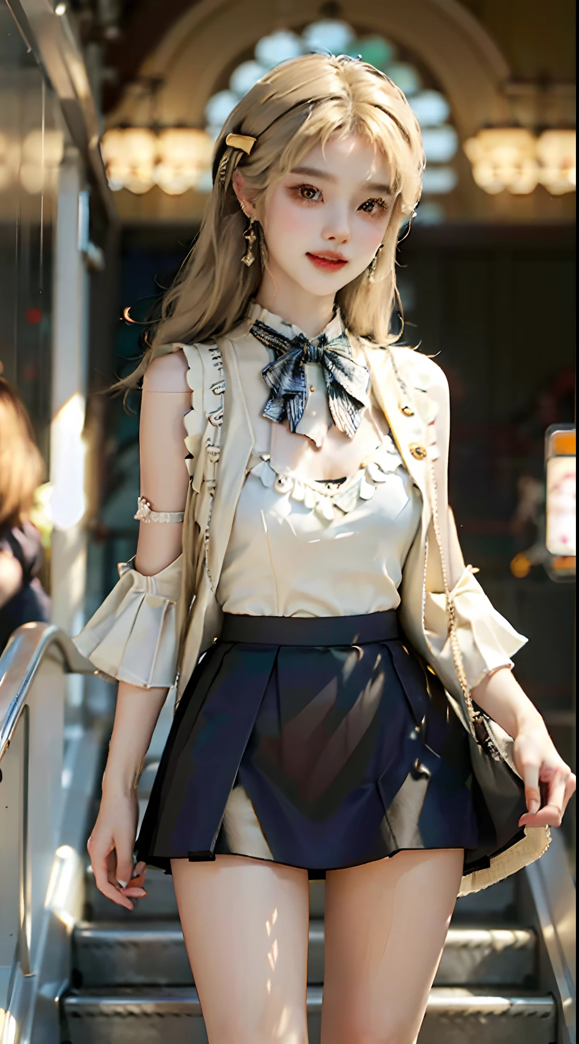 ((full body)), ((shot from a far distance)), ((extra long shot)), ((realistic)), ((Standing posture, Stand on the escalator, legs crossed)), Detailed scenes, 1girll, looking toward the viewer, (grin, Leaking teeth), Asian model, curlies, Air bangs, Beautiful hair accessories, Brownish-yellow hair,((White color blouse, vest, neck bowtie, Short black skirt)), ((Campus style)), (warm lights, a warm color palette), Detailed details, ultra-detailliert, (tmasterpiece, best qualtiy), (An extremely delicate and beautiful work), Delicate earrings, Simple blurred background, Extreme detail description, Ultra-fine painting, Delicate face, slim toned body