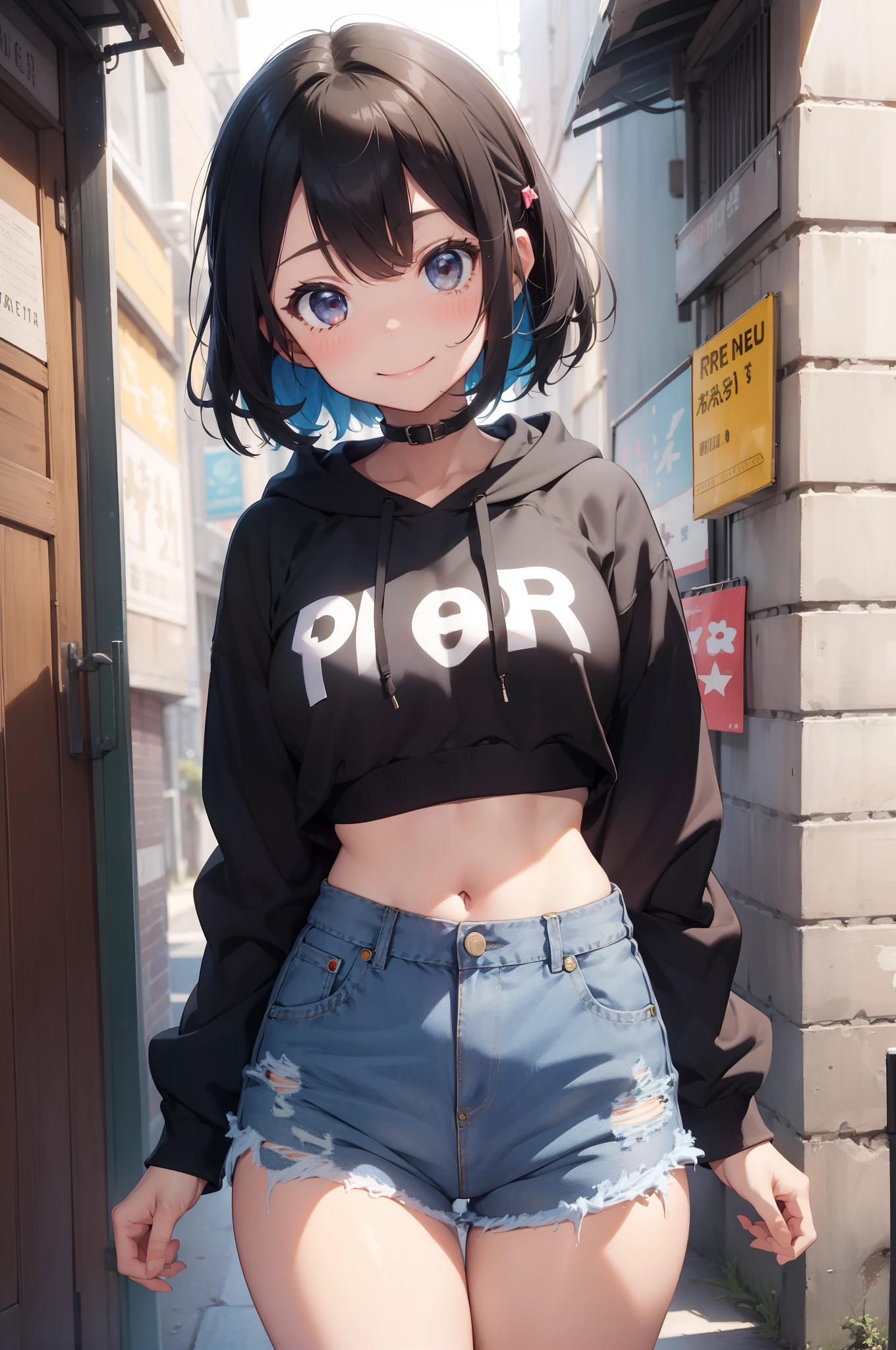 1girl, smiling, colorful crop top hoodie, high-waist denim shorts, cheek poking, urban, short hair, two tones hair, hourglass body