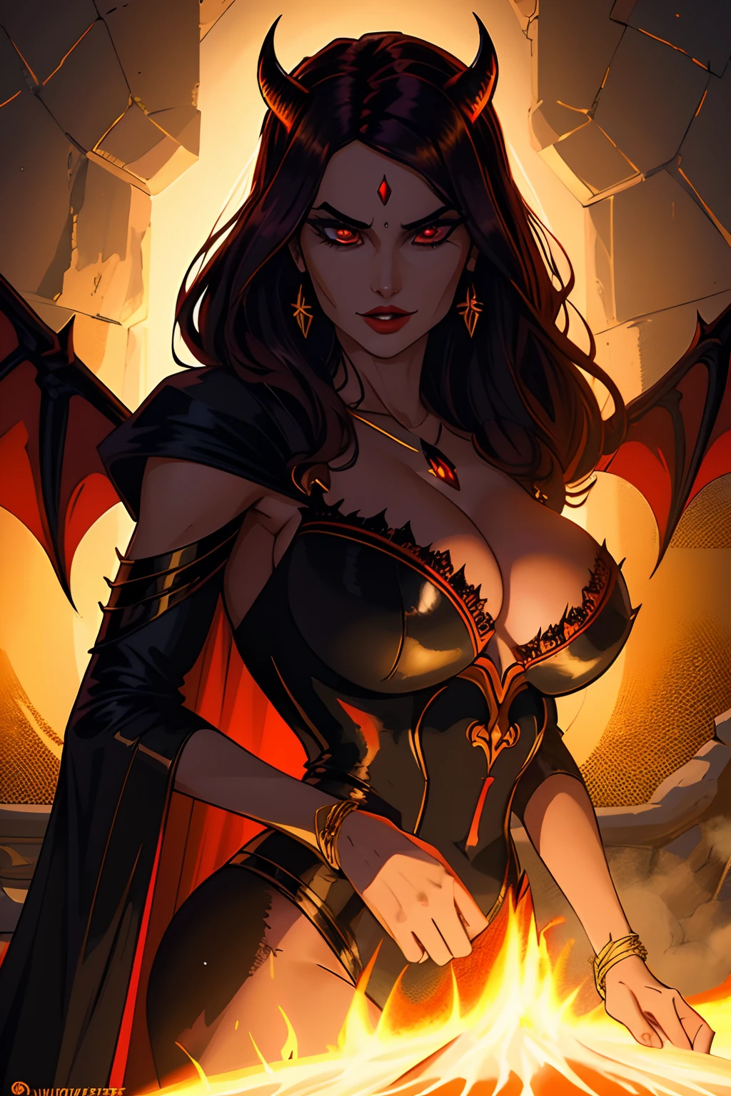 Lisa Ann ultra-detailed: The Empress of Darkness, Background to the destruction of hell, diabolique, insidieux, invincible, couronne sombre, Evil queen, Robe noire et rouge, demon wings dans le dos, Demon horn, Realistic detailed eyes, Shaded illustration of a high-quality cell in hell, corps entier, pose dynamique, anatomie parfaite, centered, Freedom, soul, Approche de la perfection, Ombrage de cellule, 8k , Cinematic dramatic atmosphere, Illumination globale, detailed and intricate environment, ArtStation, Art conceptuel, mise au point fluide et nette, volumeric lighting, lighting cinematic