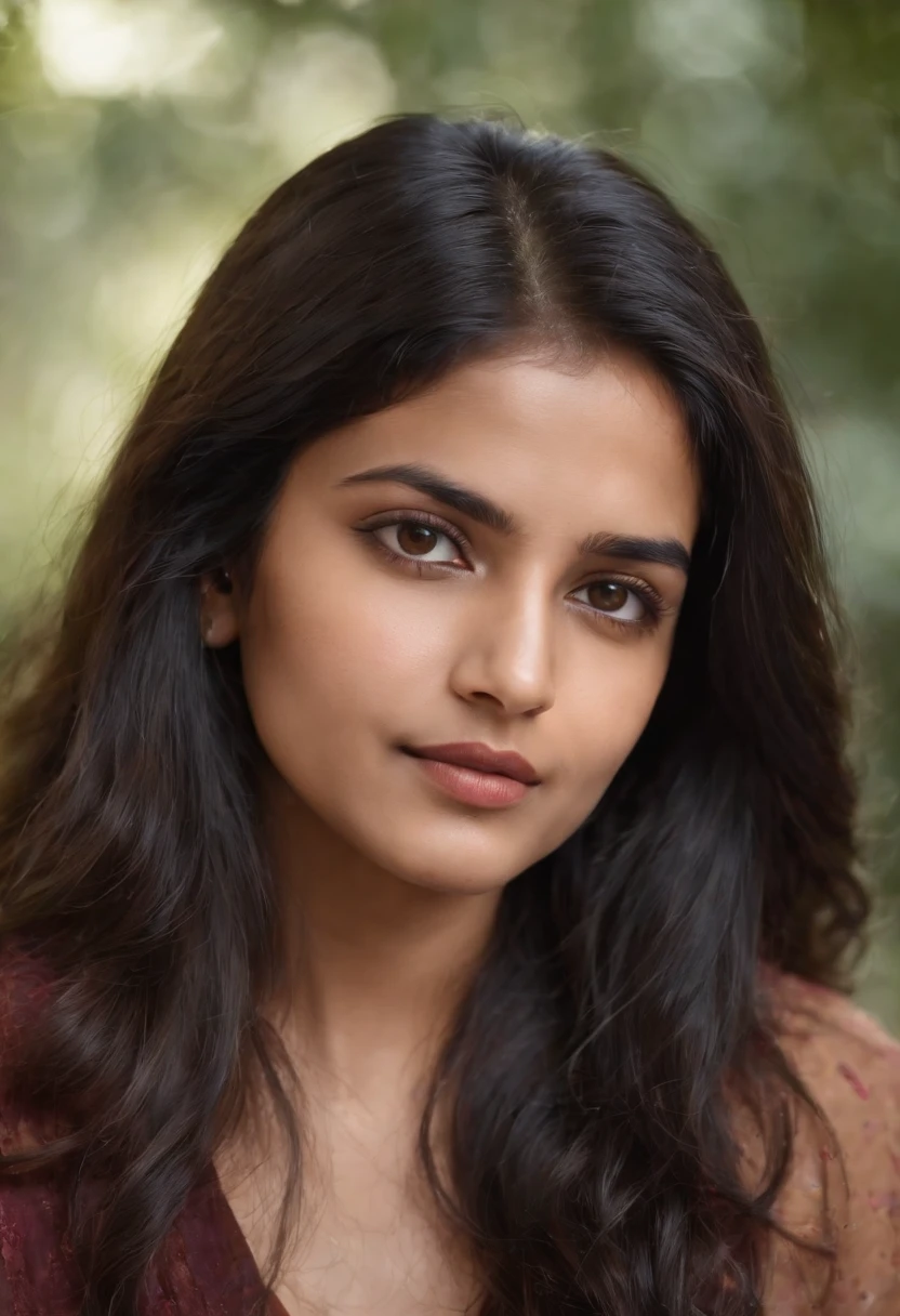 An Indian girl of  21 having long black open hair and a brown eyes