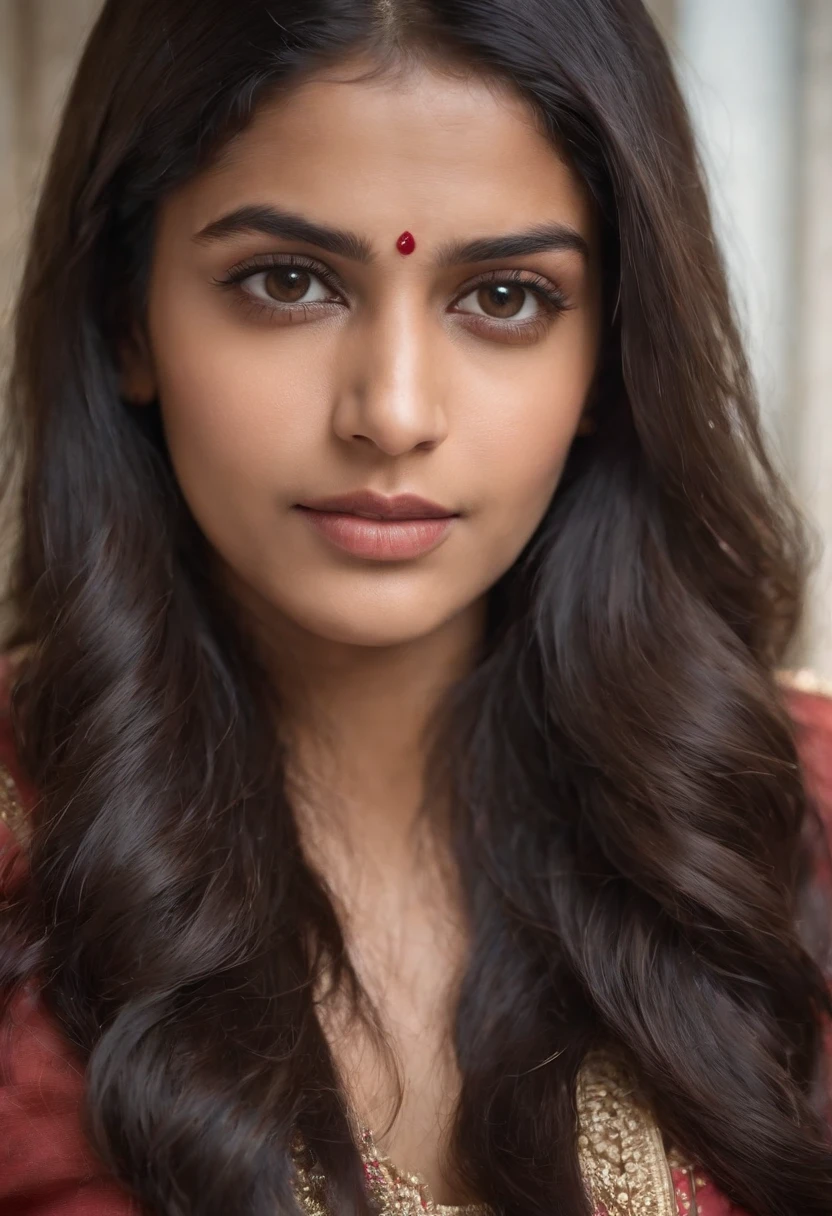 An Indian girl of 21 having long black open hair and a brown eyes