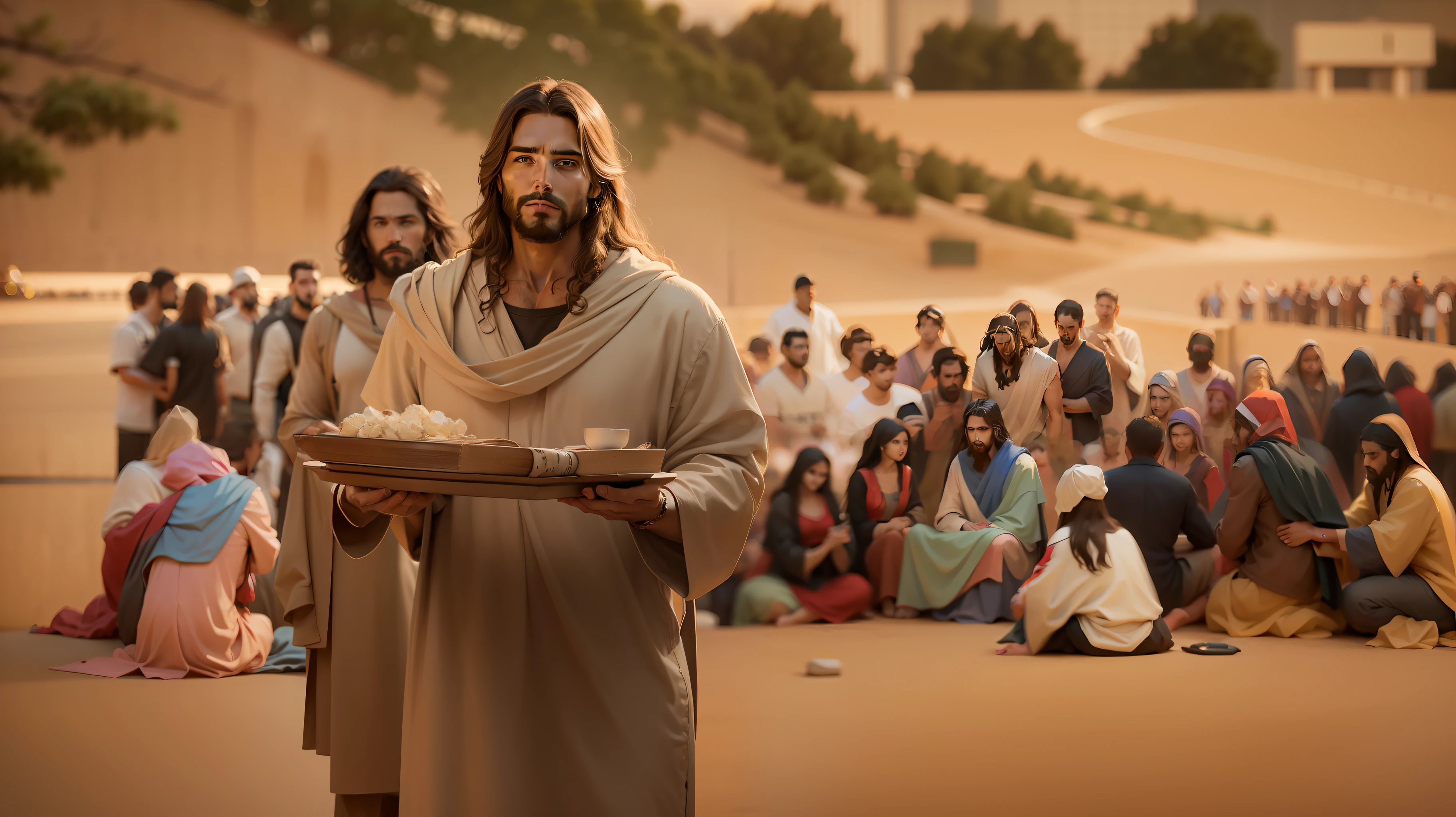 portrait of modern day Jesus, cinematic lighting, depth of field, bokeh, realism, photorealistic, hyperrealism, professional photography, uhd, dslr, hdr