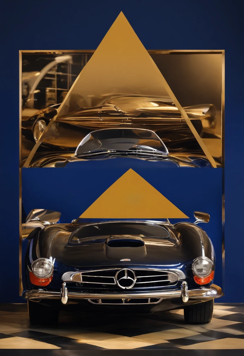 Triangle mark with initials and B and definition of cars Eduardo Becker with royal blue background and letters and gold