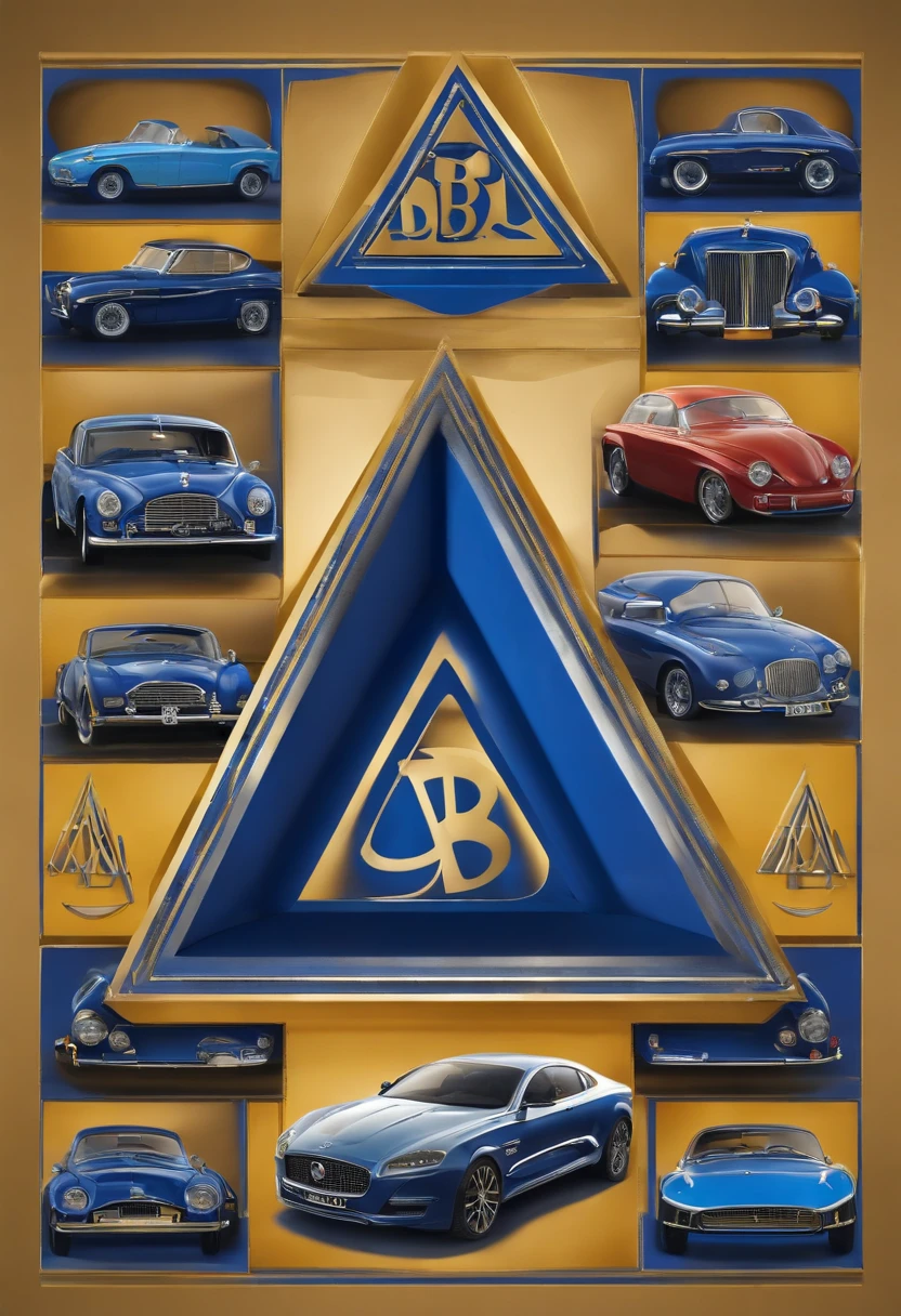 Triangle mark with initials and B and definition of cars Eduardo Becker with royal blue background and letters and gold