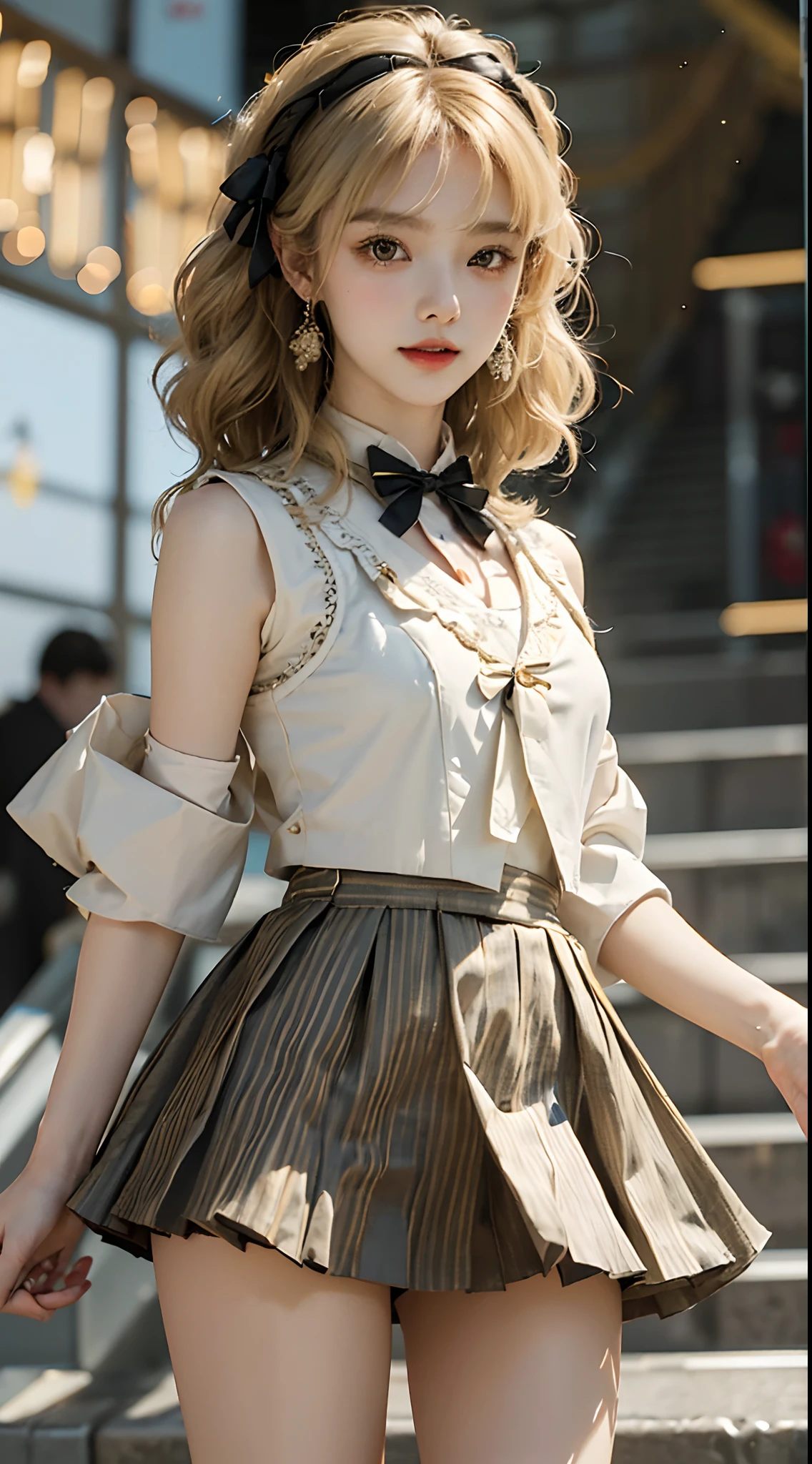 ((full body)), ((from below)), ((extra long shot)), ((realistic)), ((Standing posture, Stand on the escalator, legs crossed)), Detailed scenes, 1girll, looking toward the viewer, (grin, Leaking teeth), Asian model, curlies, Air bangs, Beautiful hair accessories, Brownish-yellow hair,((White color blouse, vest, neck bowtie, Short black skirt)), ((Campus style)), (warm lights, a warm color palette), Detailed details, ultra-detailliert, (tmasterpiece, best qualtiy), (An extremely delicate and beautiful work), Delicate earrings, Simple blurred background, Extreme detail description, Ultra-fine painting, Delicate face, slim toned body