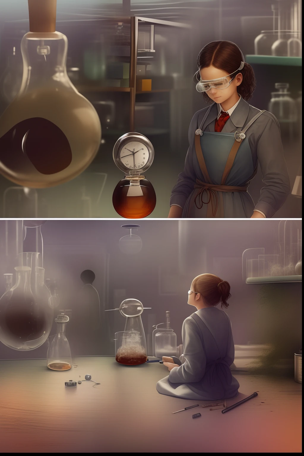 a girl in a laboratory,apron,protective goggles,bubbling beakers,scientific equipment,einstein-like messy hair,concentration,serious expression,books and papers scattered on the table,messy desk and workbench,computer monitors,light microscope,chemical formulas on the blackboard,white lab coat,fluorescent lighting,sterile atmosphere,bright and vibrant colors,scientific experiment,glass containers,fumes and smoke,precise measurements,dynamic movement of liquids,strong reactions,scientific discovery,chemical reactions,lab rats running in mazes,astonishing breakthroughs,complex formulas and equations,complicated research projects,controlled chaos,impressive scientific achievements,critical thinking,innovation and creativity
